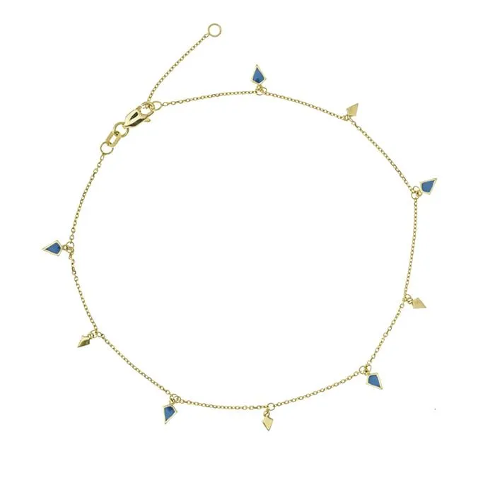 GOLD AND BLUE ENAMEL DANGLING CHARM ANKLE BRACELET