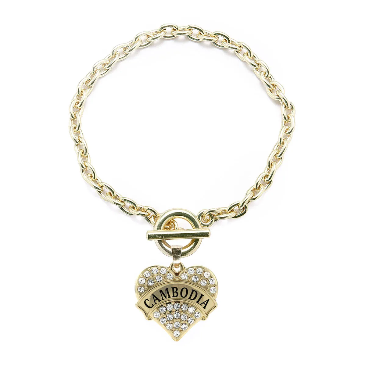 Gold Cambodia Pave Heart Charm Toggle Bracelet