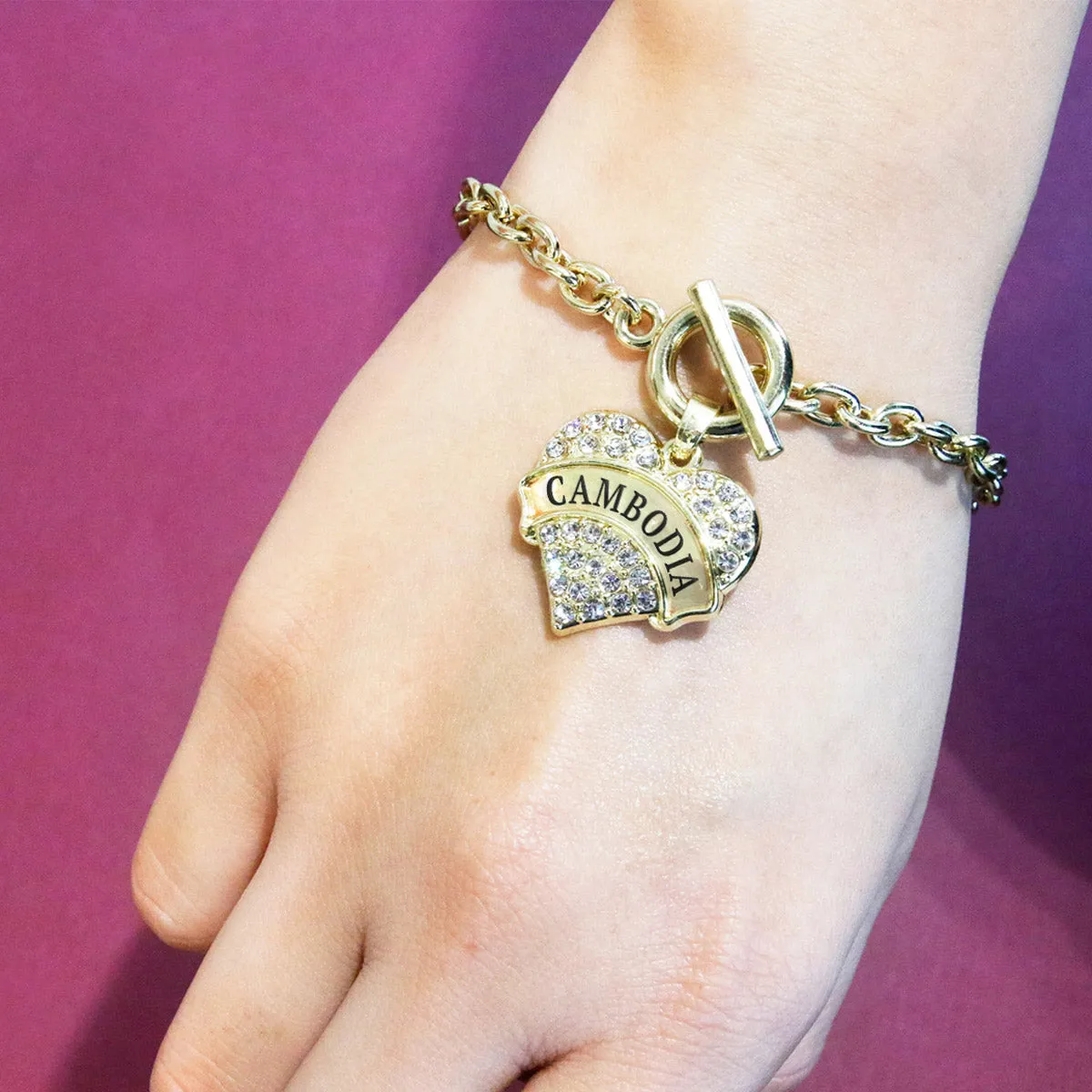 Gold Cambodia Pave Heart Charm Toggle Bracelet