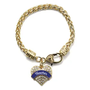 Gold Navy Blue Teacher Pave Heart Charm Braided Bracelet