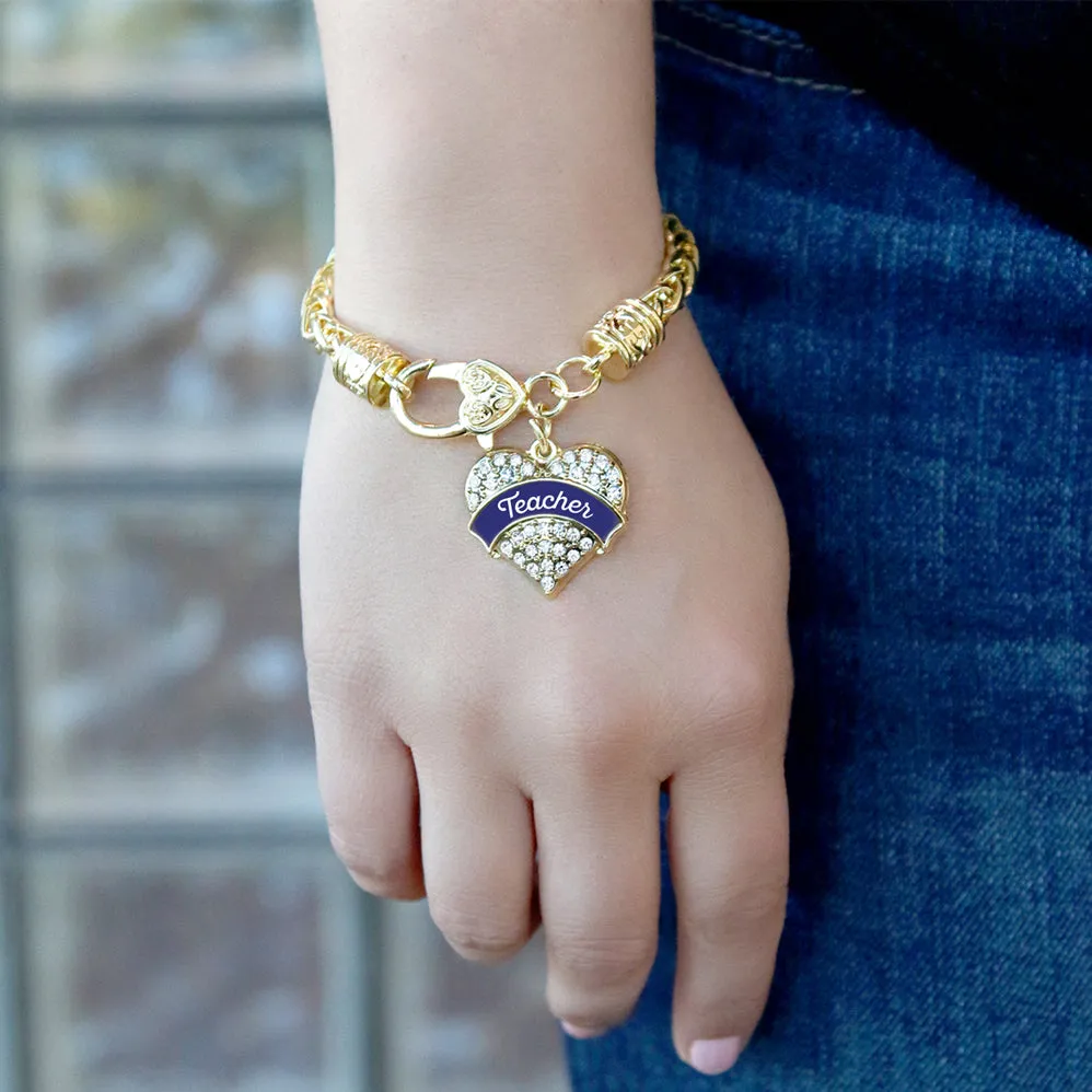 Gold Navy Blue Teacher Pave Heart Charm Braided Bracelet