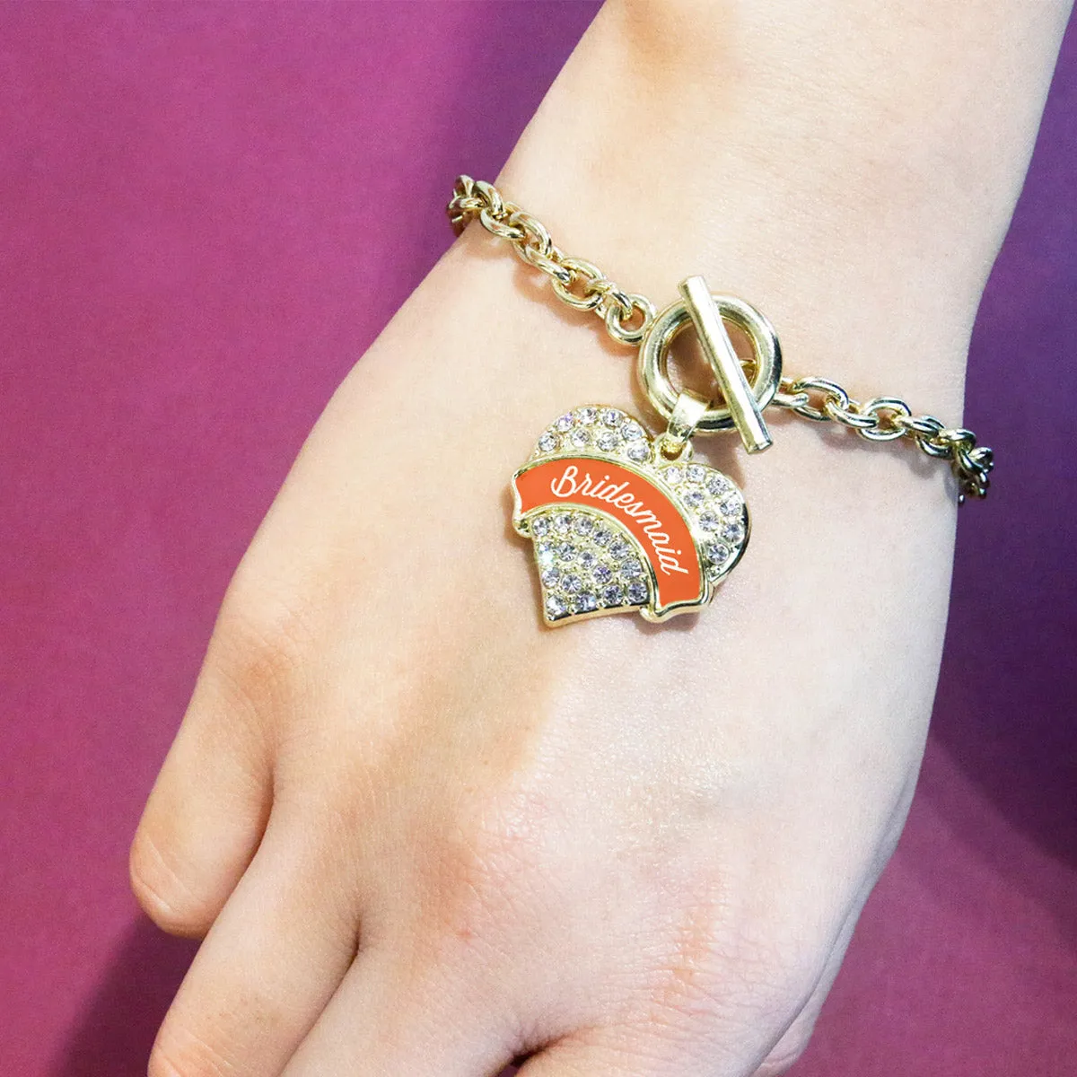 Gold Orange Bridesmaid Pave Heart Charm Toggle Bracelet