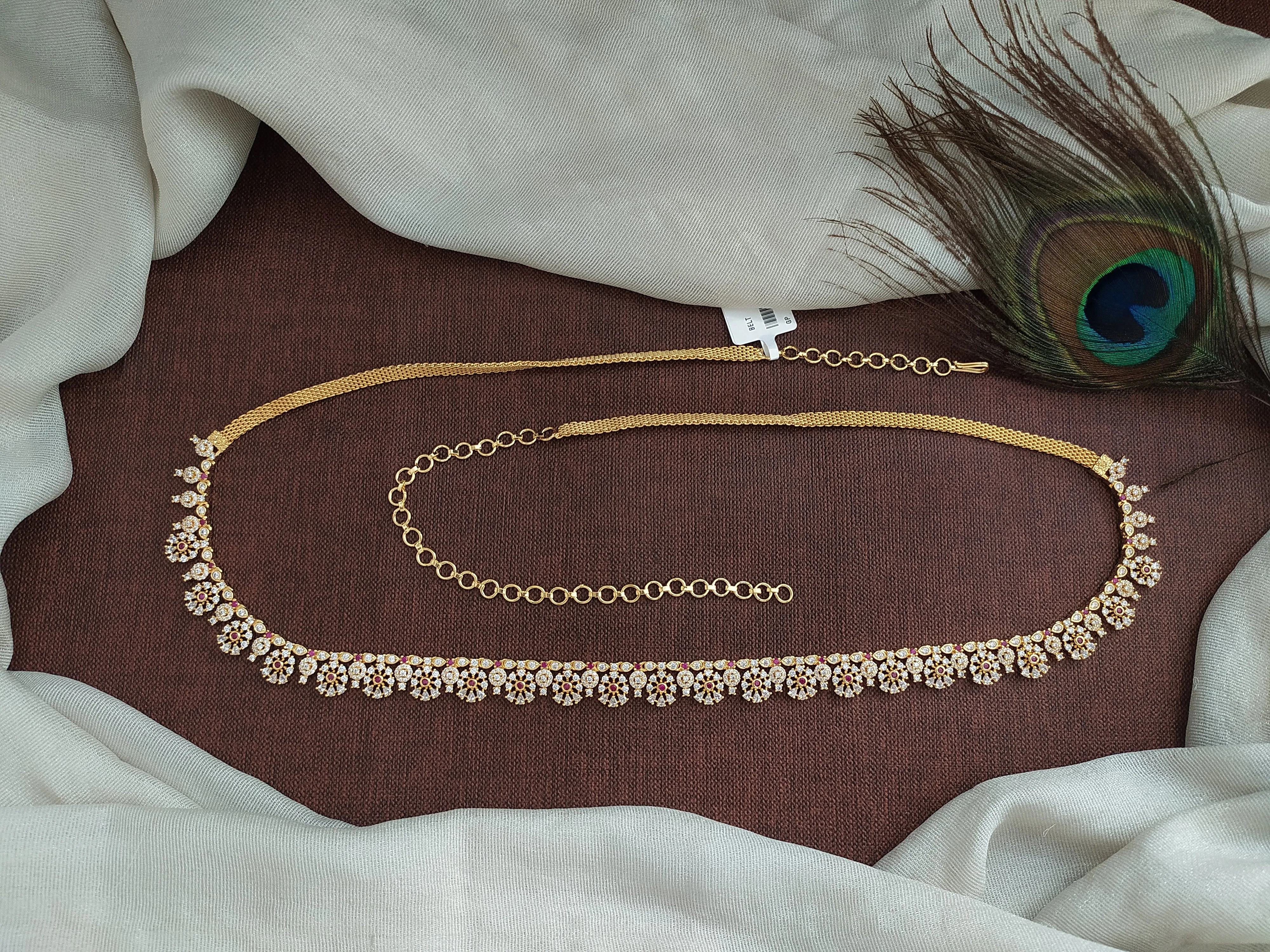 Gold-plated zircon Hip Chain with Red and White Zircon Stones