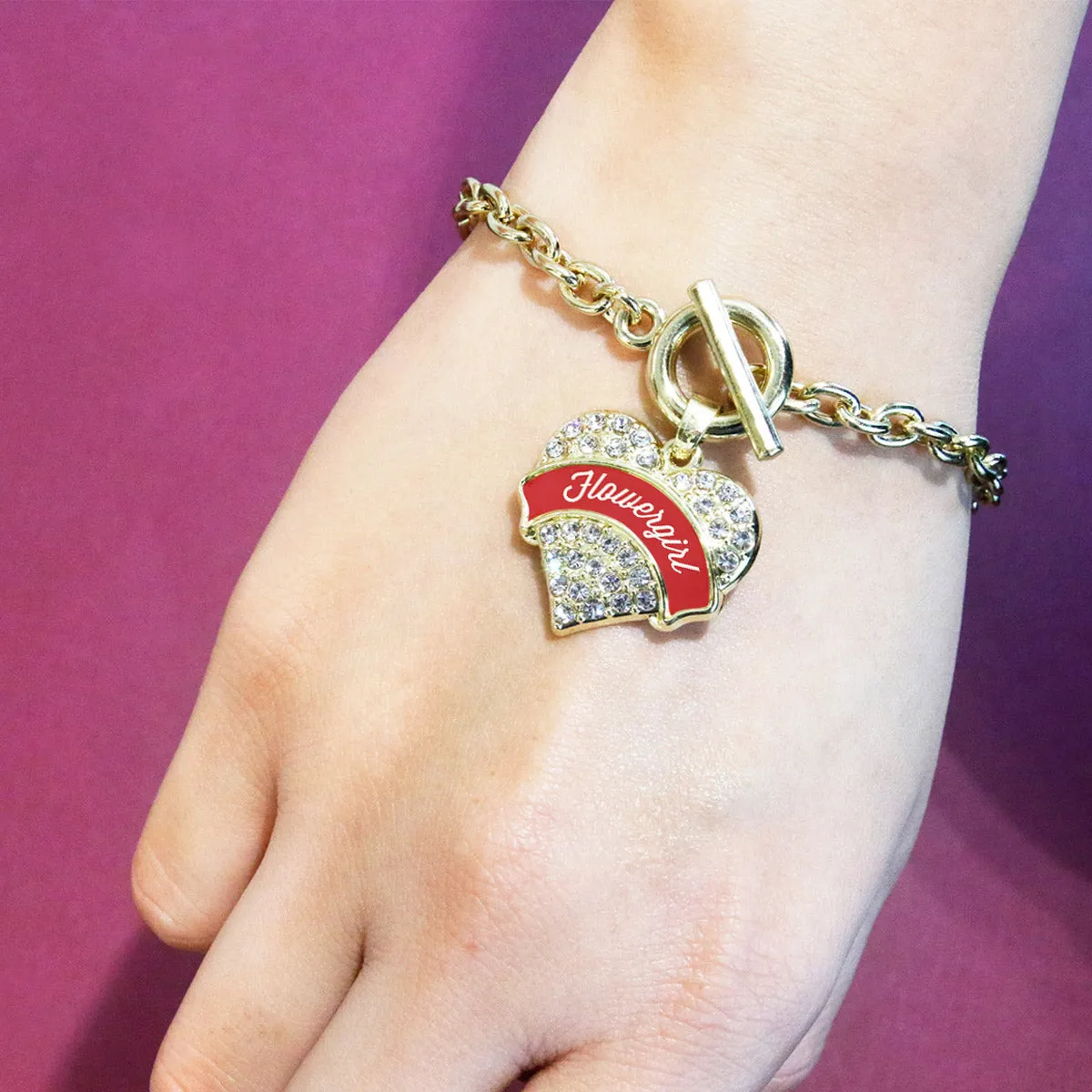 Gold Red Flower Girl Pave Heart Charm Toggle Bracelet