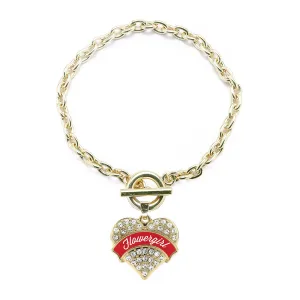 Gold Red Flower Girl Pave Heart Charm Toggle Bracelet