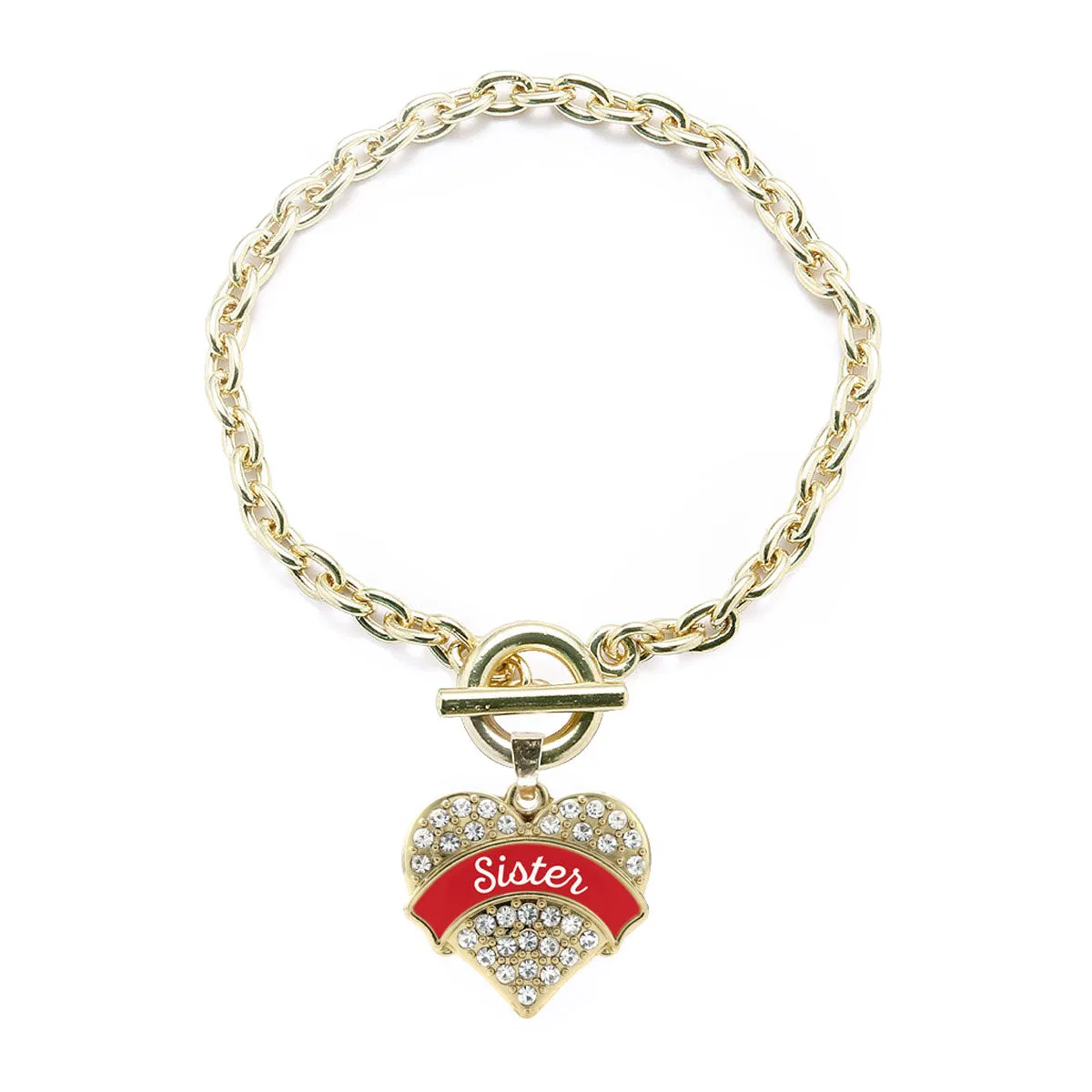 Gold Red Sister Pave Heart Charm Toggle Bracelet