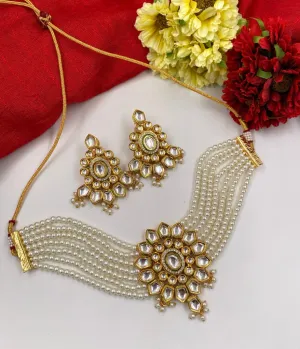 Gold Toned Kundan And Beaded Pearls Choker Necklace Set