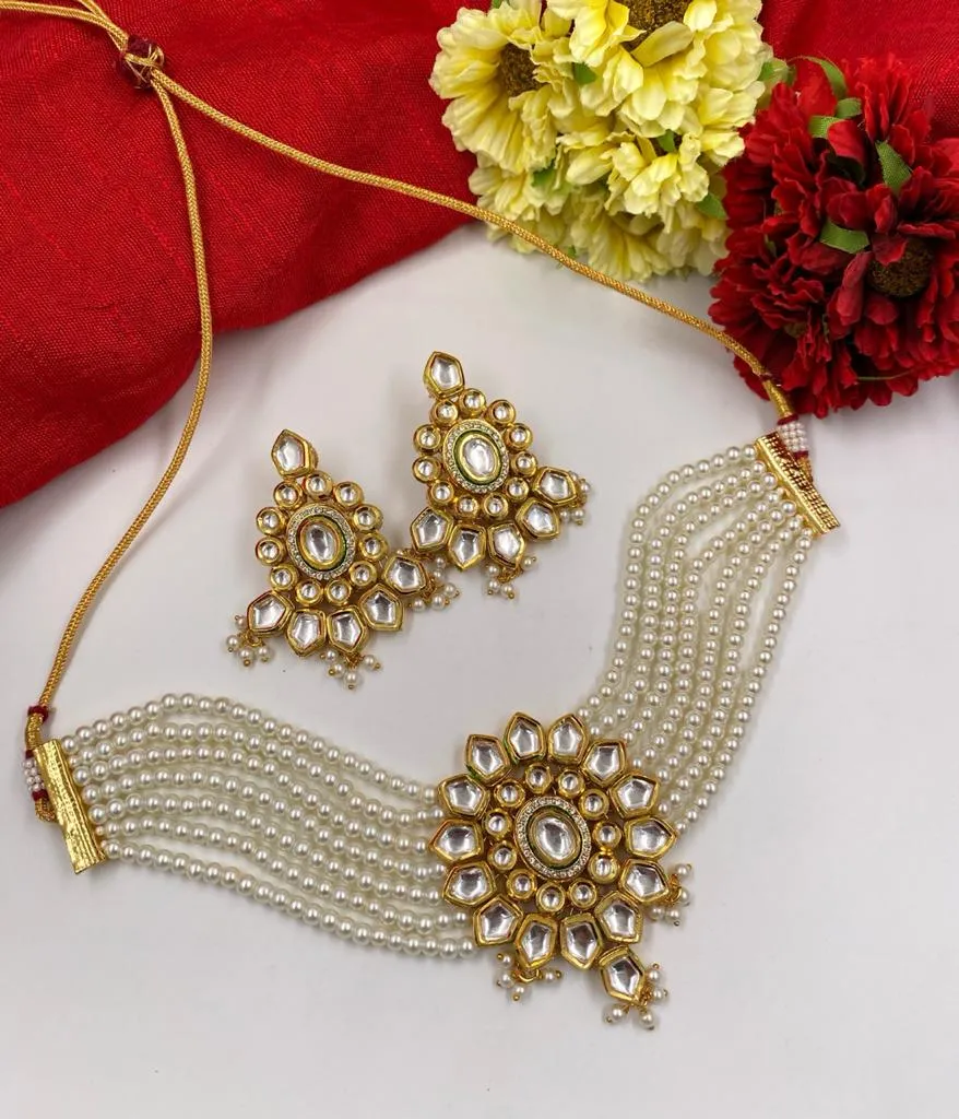 Gold Toned Kundan And Beaded Pearls Choker Necklace Set