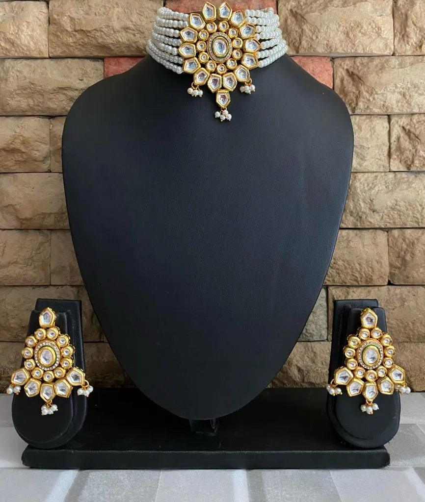 Gold Toned Kundan And Beaded Pearls Choker Necklace Set