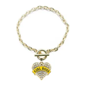 Gold Yellow Girl Boss Pave Heart Charm Toggle Bracelet