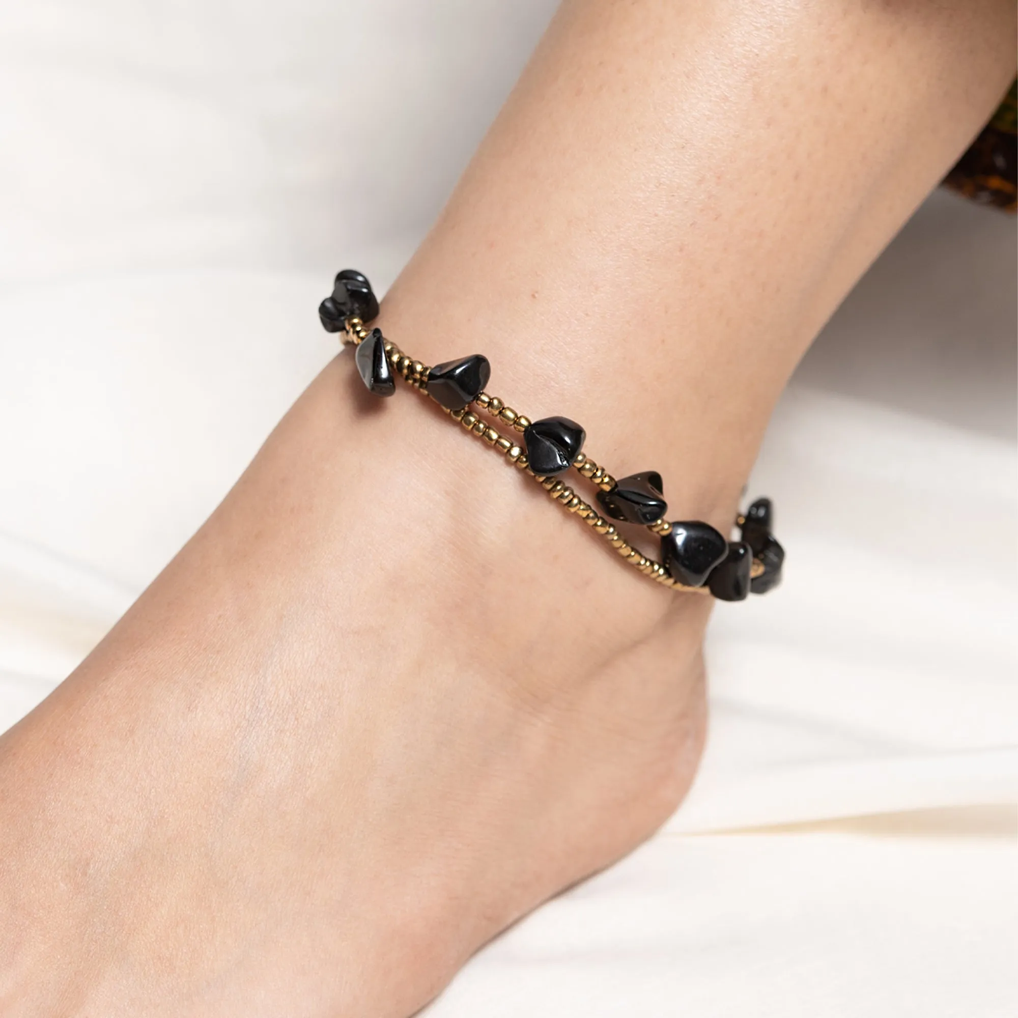 Hand Made Fair Trade Anklet Double Strand Brass Beads Onyx