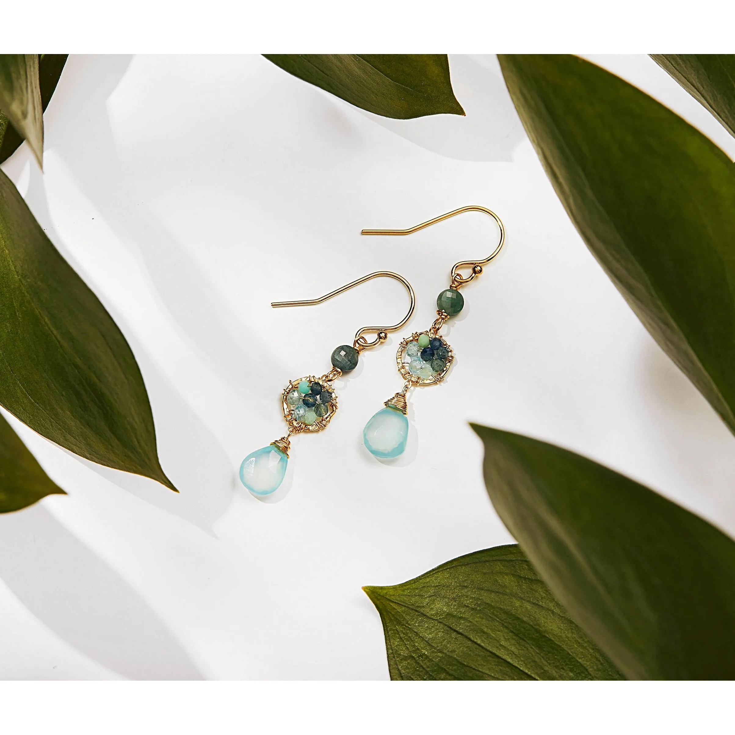 Hanging Earrings 5157 with Green Tourmaline, Aqua Chalcedony, Green Opal, and Australian Sapphire by Michelle Pressler Jewelry