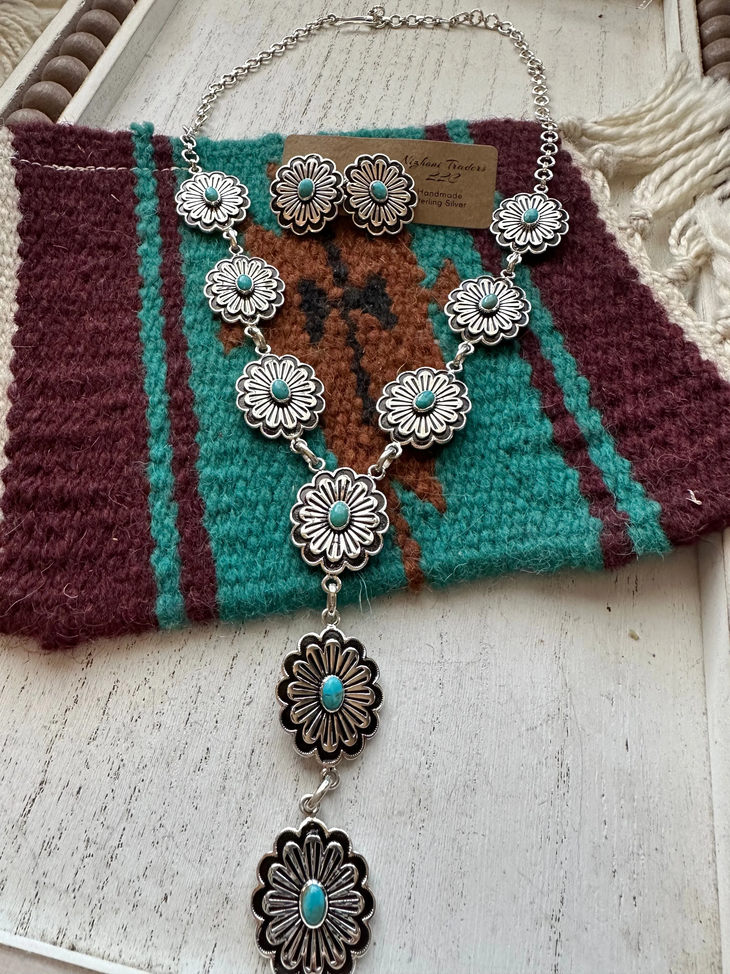 “Hanging Flower” Handmade Sterling Silver & Turquoise Necklace Set