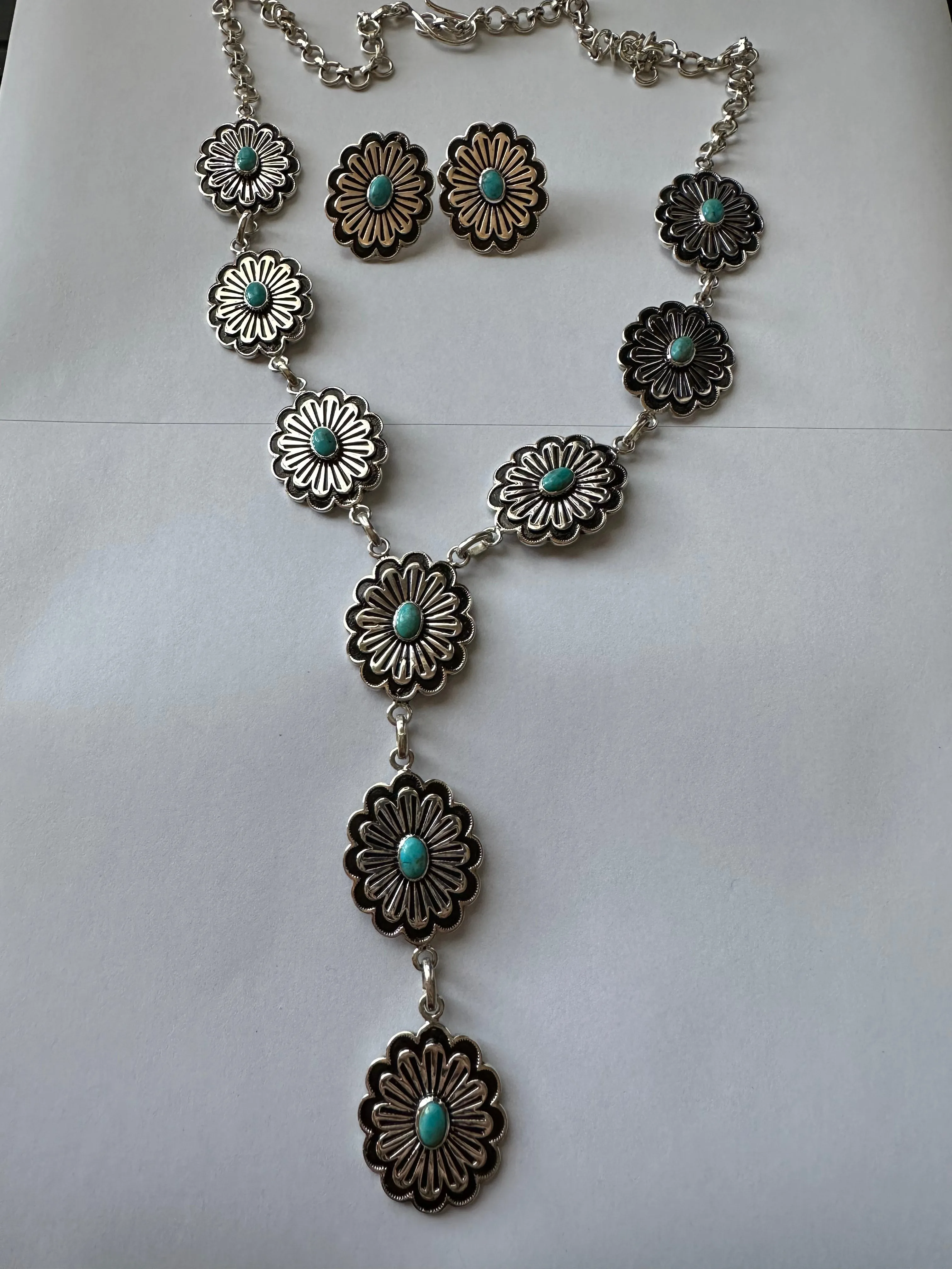 “Hanging Flower” Handmade Sterling Silver & Turquoise Necklace Set