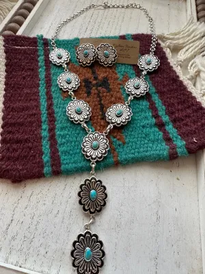 “Hanging Flower” Handmade Sterling Silver & Turquoise Necklace Set