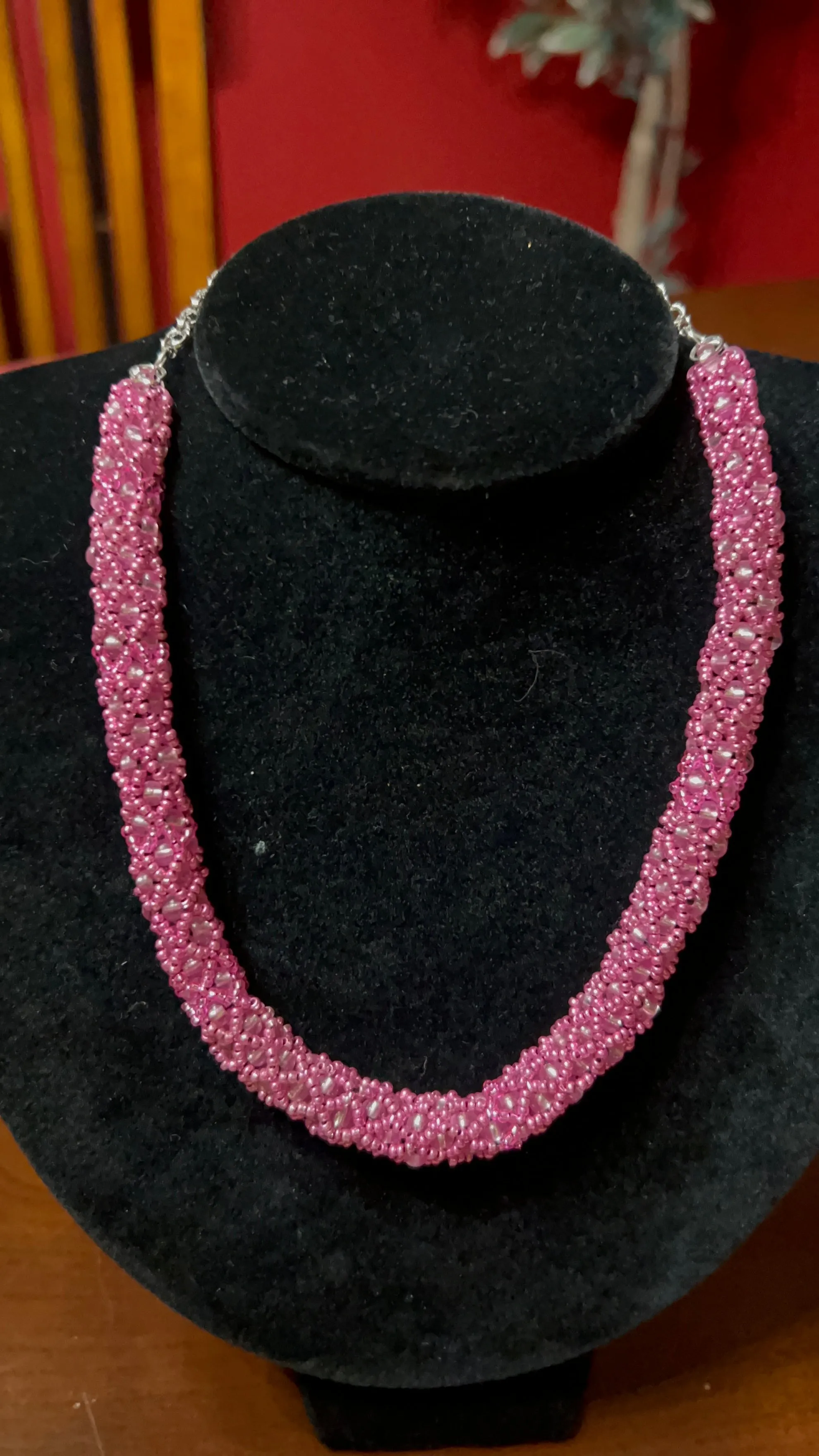 In The Pink Hand-woven  Necklace/Choker with silver chain