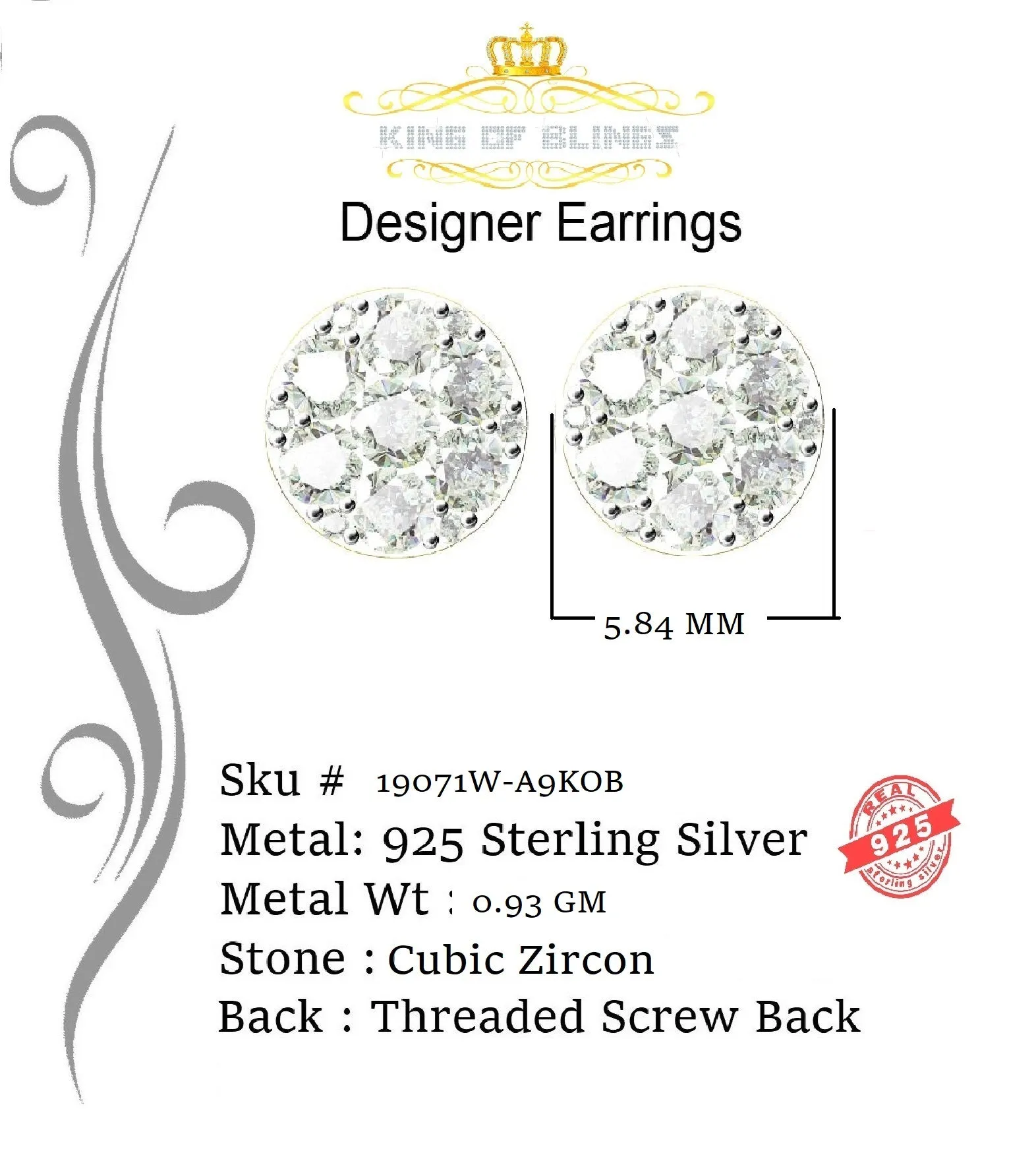 King of Blings- 0.94ct Cubic Zirconia 925 White Sterling Silver Women's Hip Hop Round Earrings