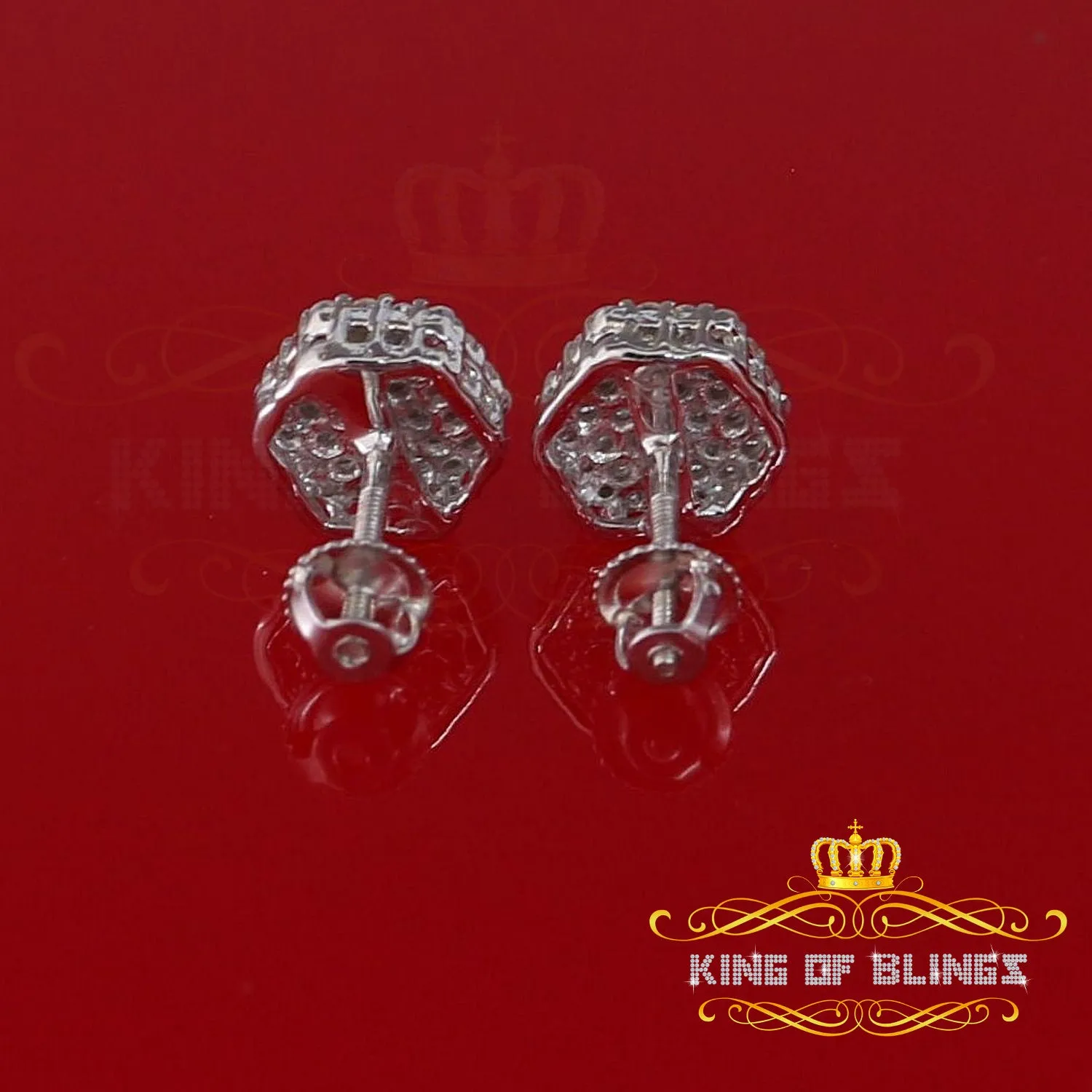 King of Blings- 925 White Silver 0.74ct Screw Back Hip Hop Cubic Zirconia Women Hexagon Earrings