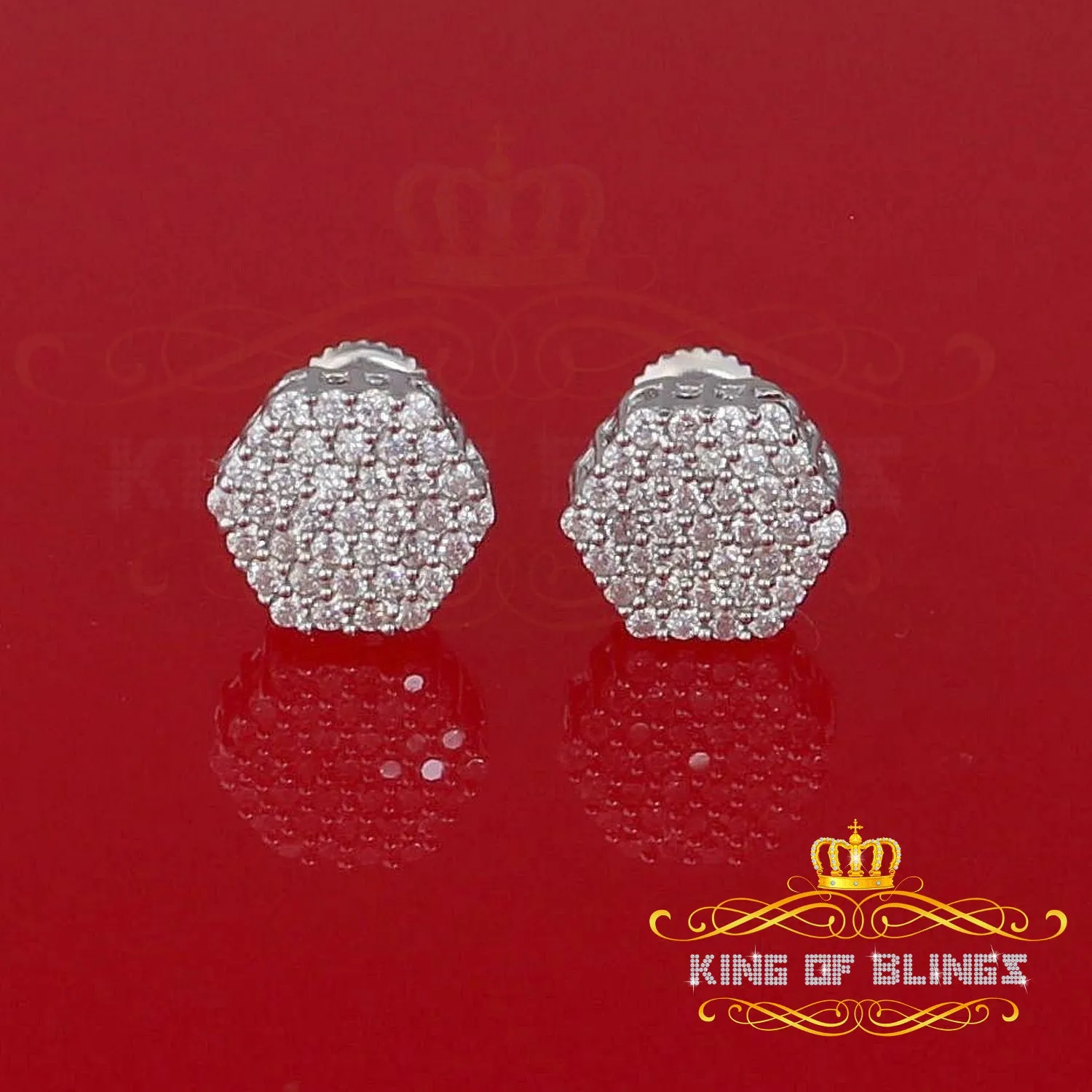 King of Blings- 925 White Silver 0.74ct Screw Back Hip Hop Cubic Zirconia Women Hexagon Earrings