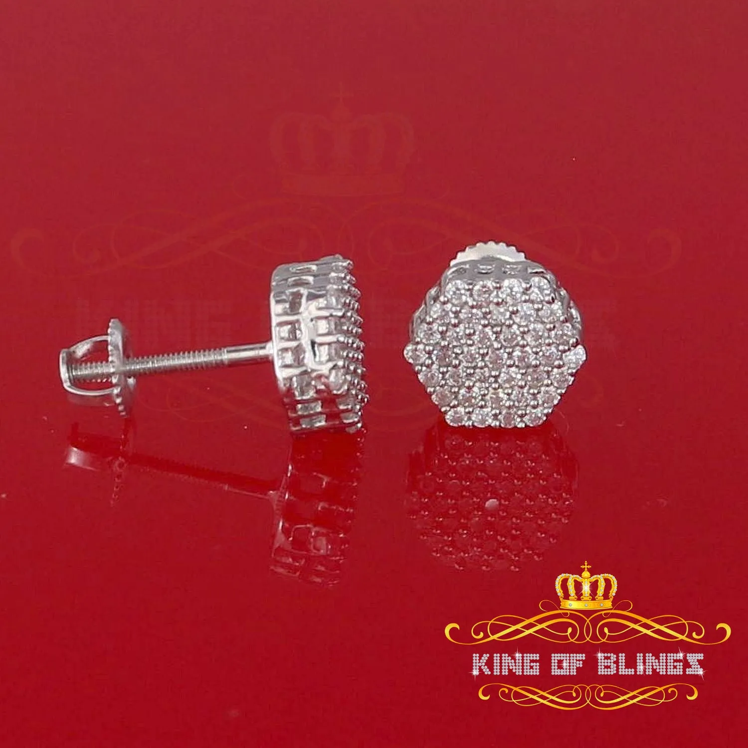 King of Blings- 925 White Silver 0.74ct Screw Back Hip Hop Cubic Zirconia Women Hexagon Earrings