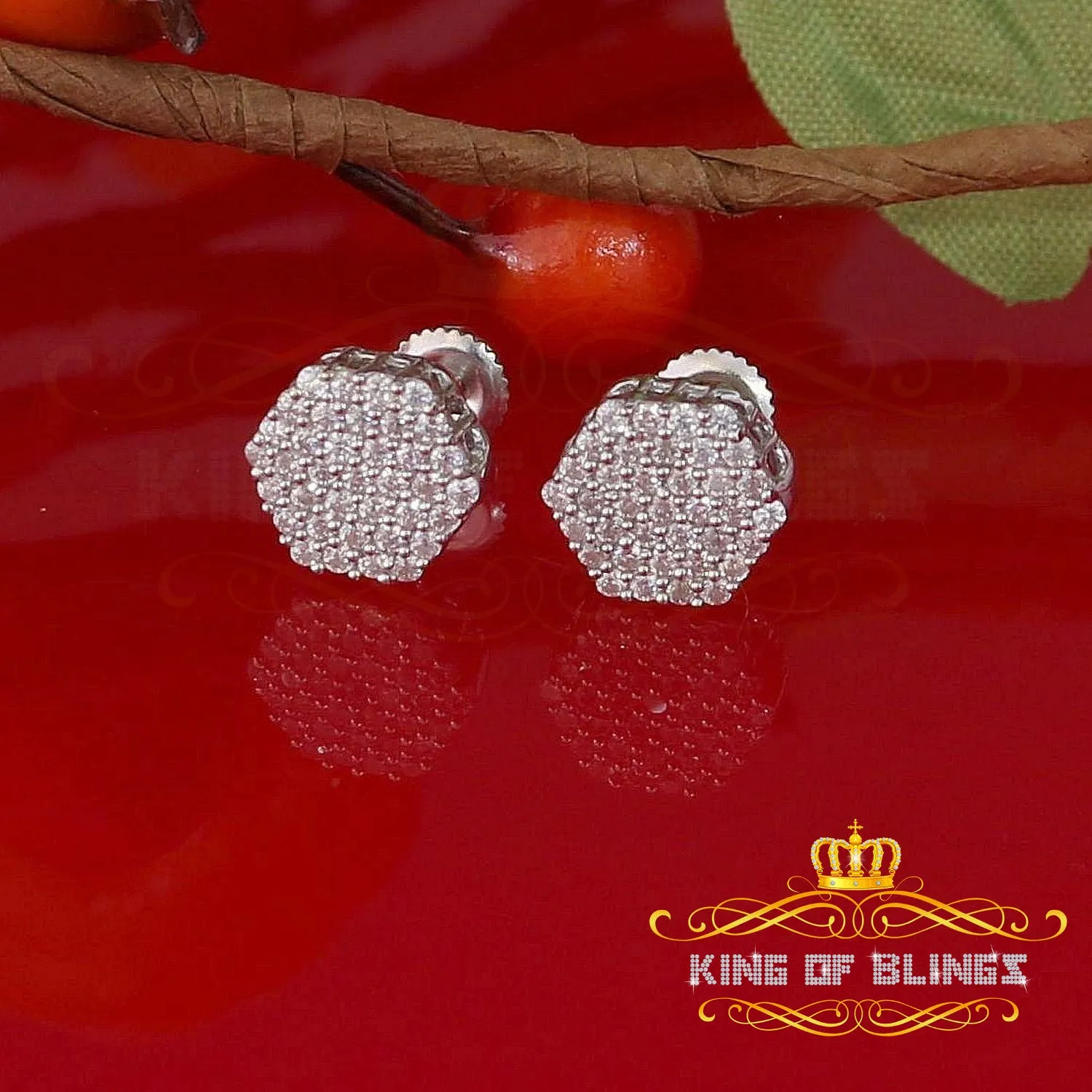 King of Blings- 925 White Silver 0.74ct Screw Back Hip Hop Cubic Zirconia Women Hexagon Earrings