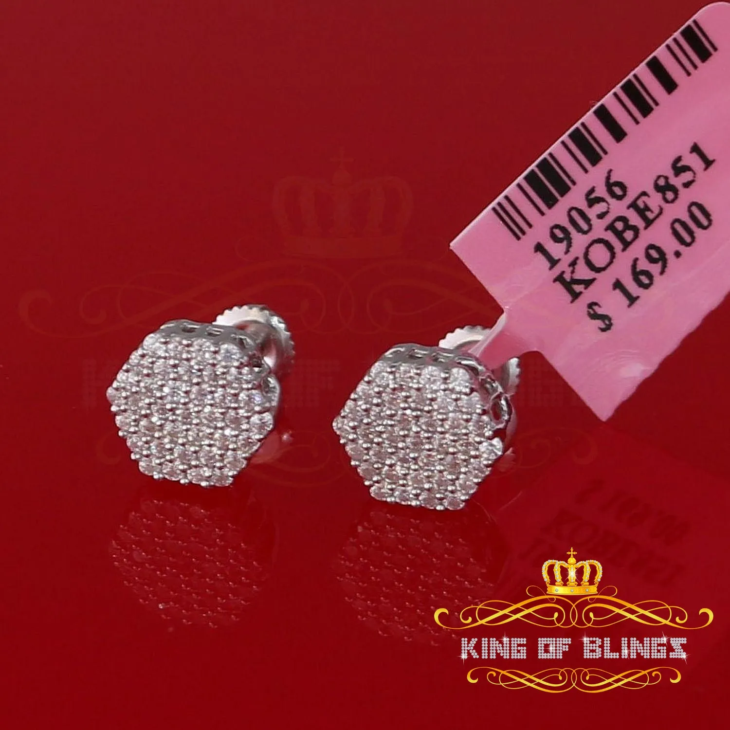 King of Blings- 925 White Silver 0.74ct Screw Back Hip Hop Cubic Zirconia Women Hexagon Earrings