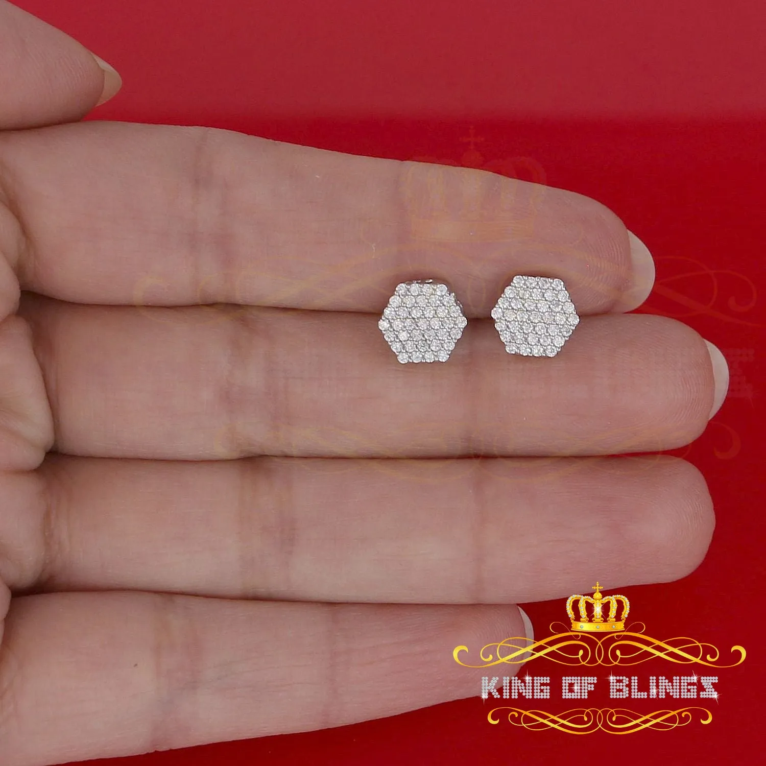 King of Blings- 925 White Silver 0.74ct Screw Back Hip Hop Cubic Zirconia Women Hexagon Earrings