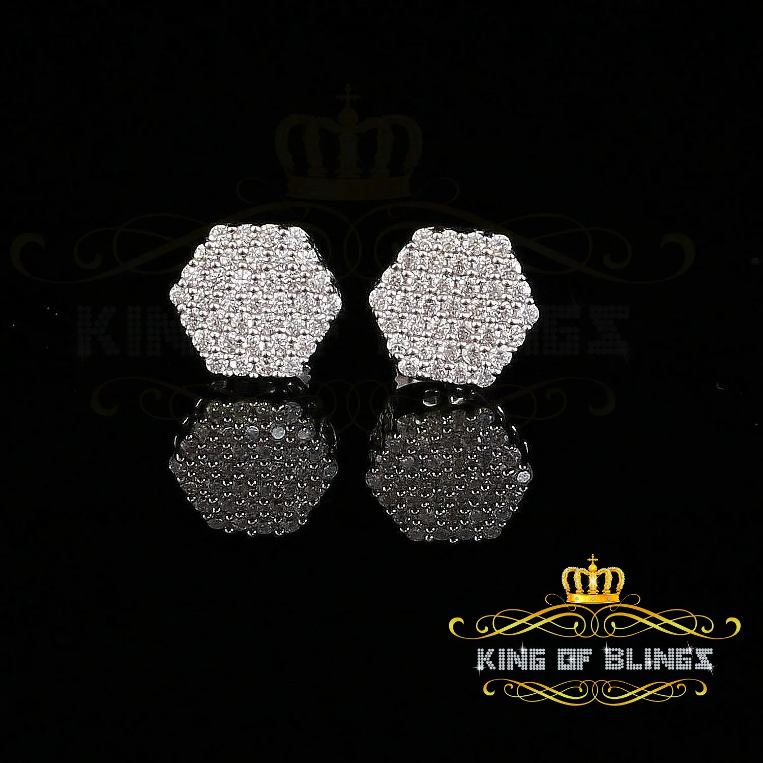 King of Blings- 925 White Silver 0.74ct Screw Back Hip Hop Cubic Zirconia Women Hexagon Earrings