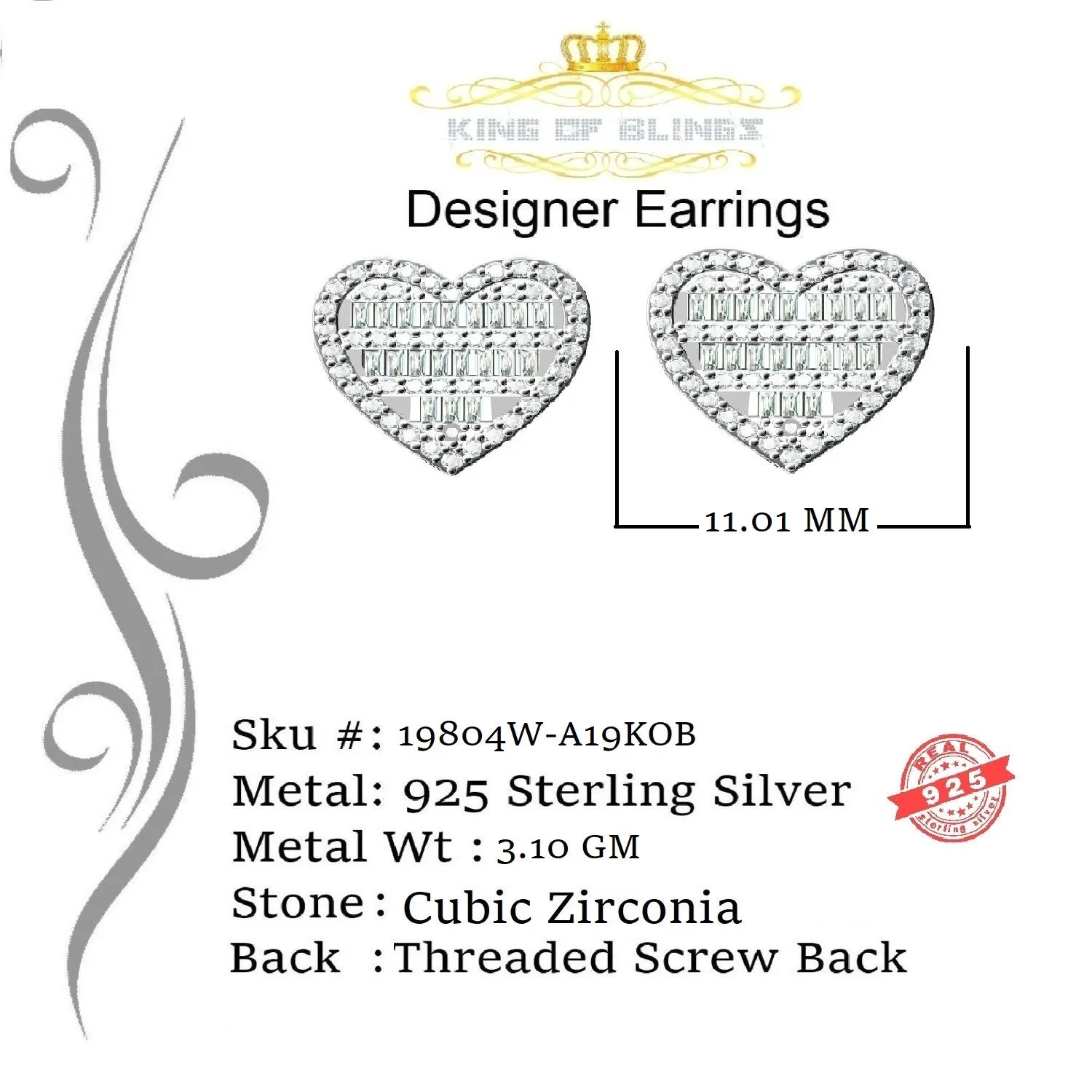 King of Blings- 925 White Sterling Silver 1.48ct Cubic Zirconia Men's & Women's Heart Earrings