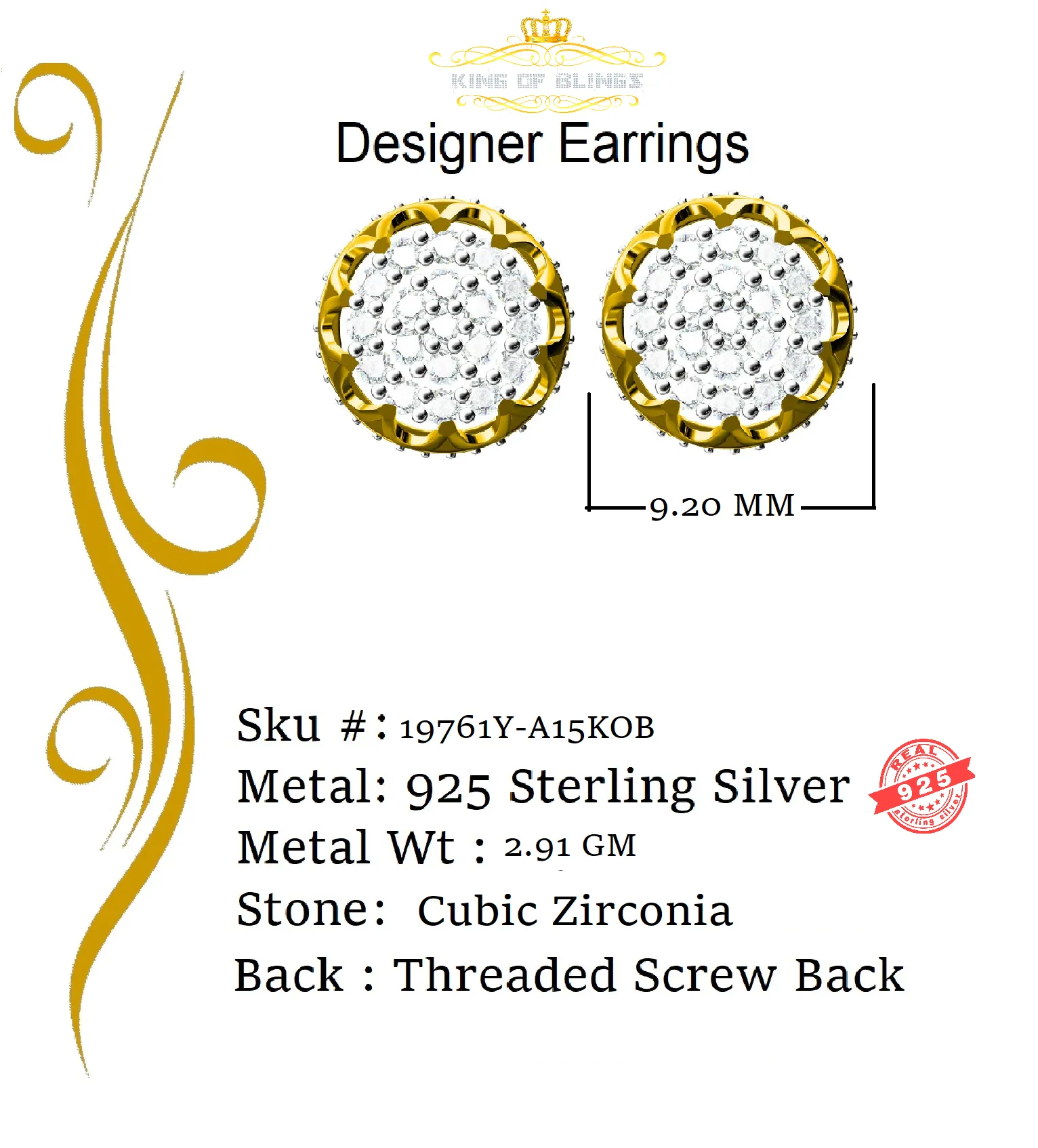 King of Bling's 925 Yellow 0.58ct Sterling Silver Cubic Zirconia Women's Hip Hop Flower Earrings