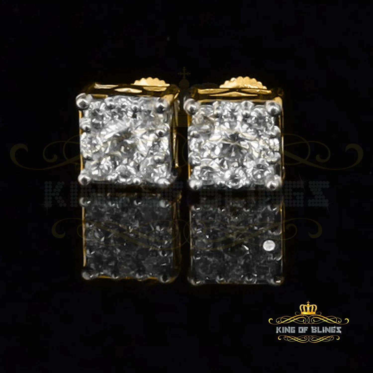 King of Bling's 925 Yellow Silver 0.38ct Cubic Zirconia Women's & Men's Hip Hop Square Earrings