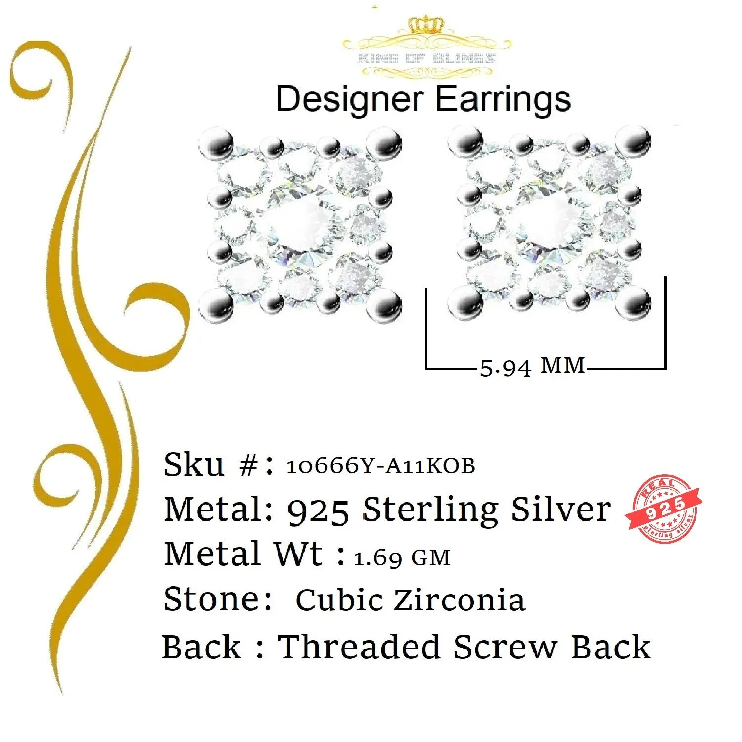 King of Bling's 925 Yellow Silver 0.38ct Cubic Zirconia Women's & Men's Hip Hop Square Earrings