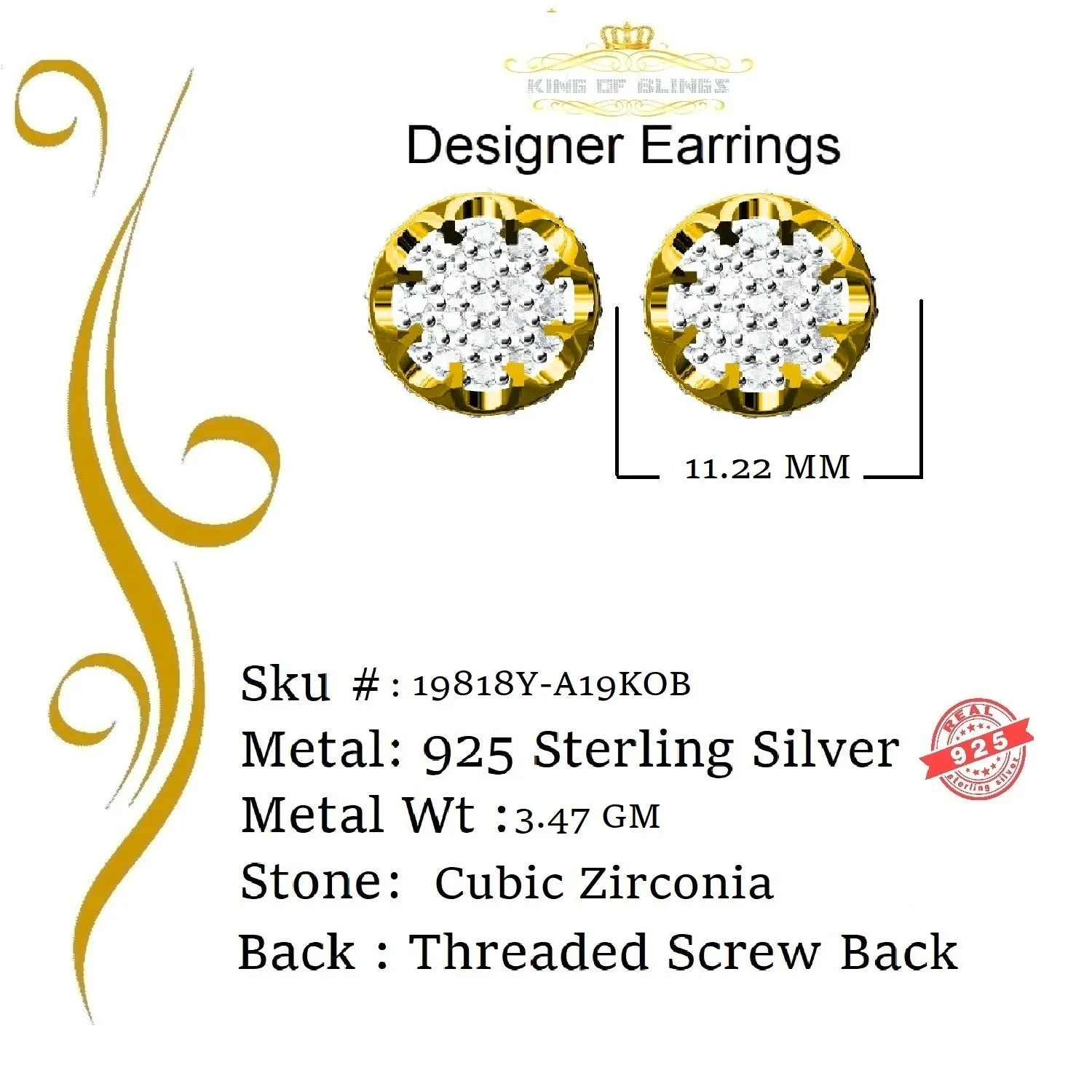 King of Bling's 925 Yellow Silver 1.13ct Cubic Zirconia Women's & Men's Hip Hop Flower Earrings