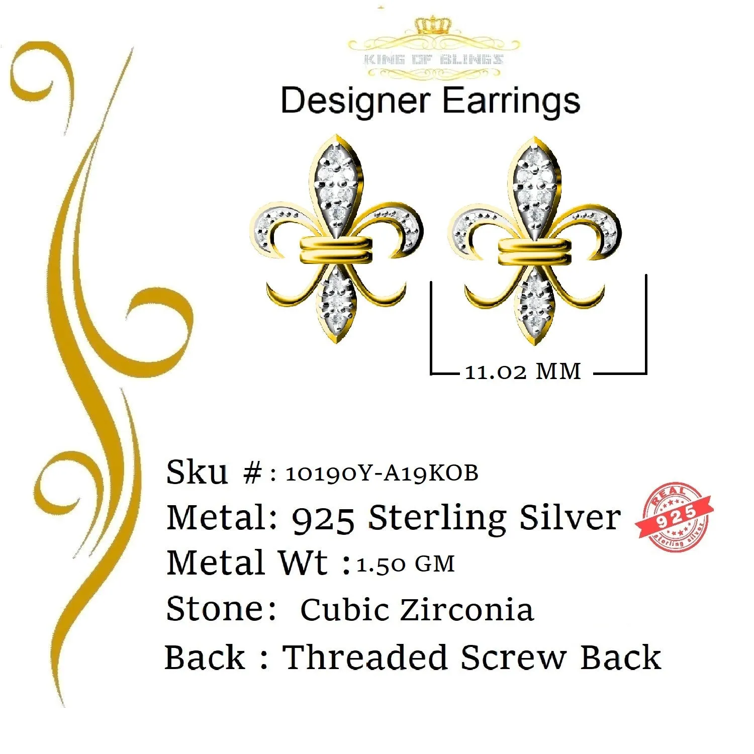 King of Bling's 925 Yellow Silver Fleur de Lis Screw Back 0.25ct Cubic Zirconia Ladies Earrings