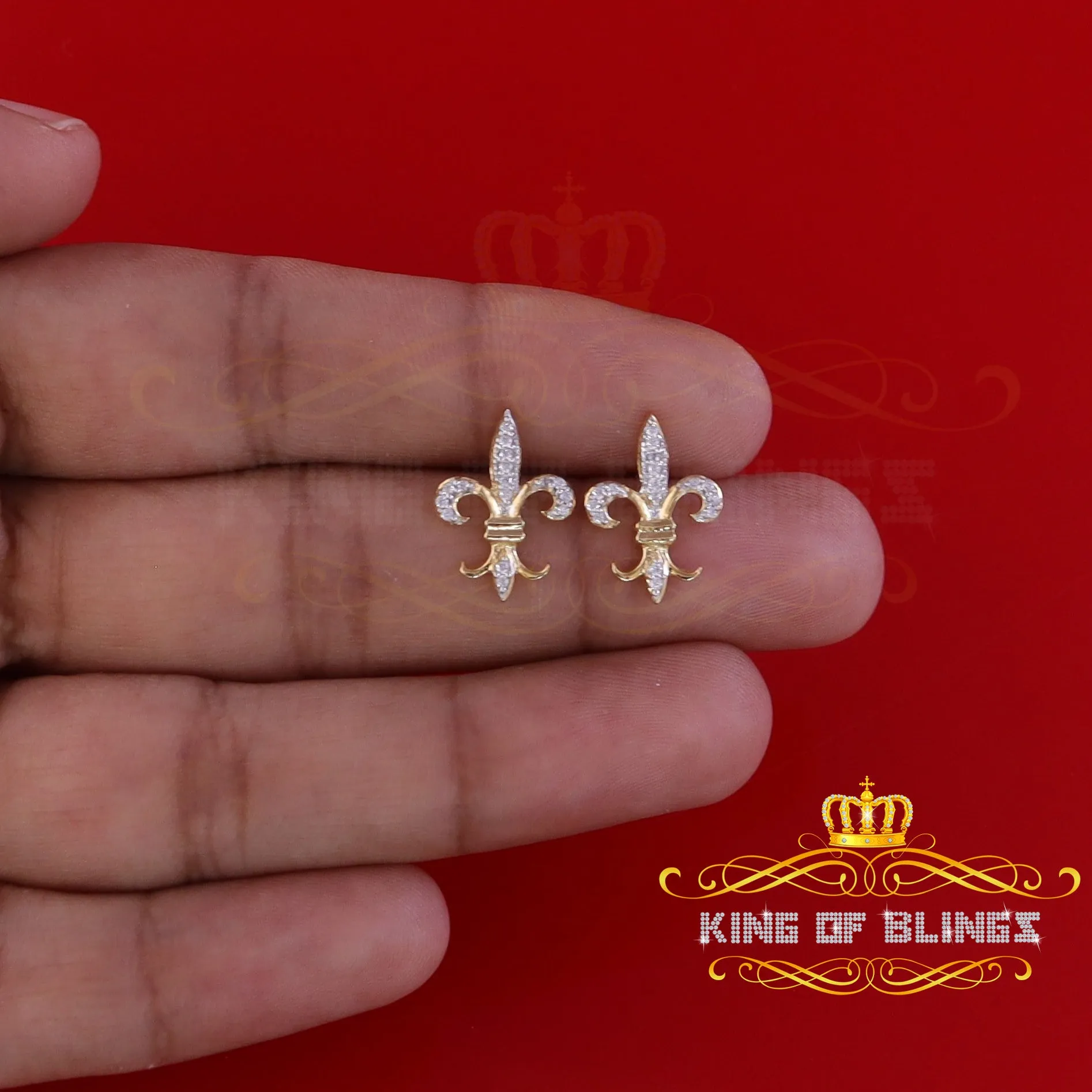 King of Bling's 925 Yellow Silver Fleur de Lis Screw Back 0.25ct Cubic Zirconia Ladies Earrings