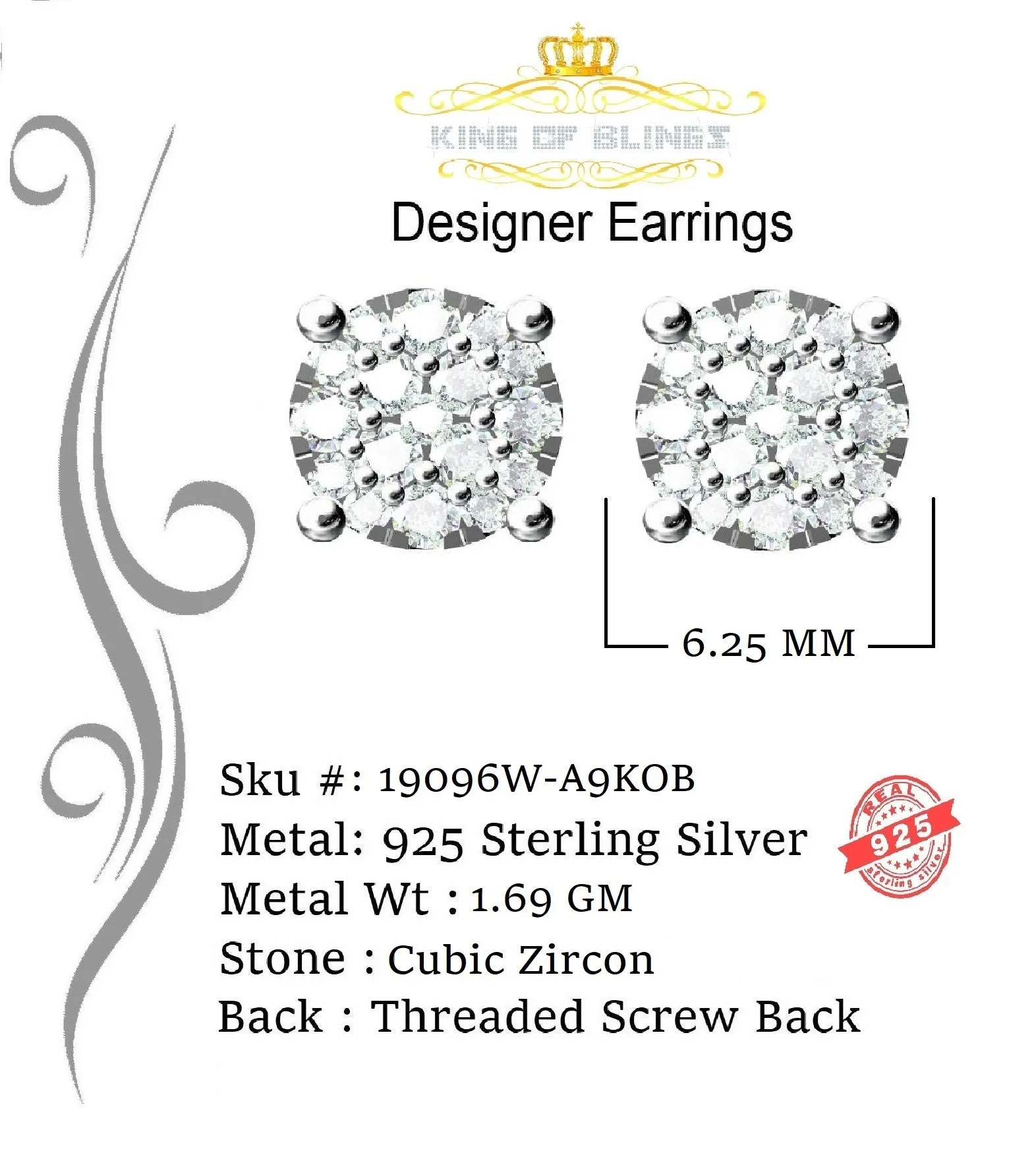 King of Blings- Aretes Para Hombre 925 White Silver 0.84ct Cubic Zirconia Round Women's Earring