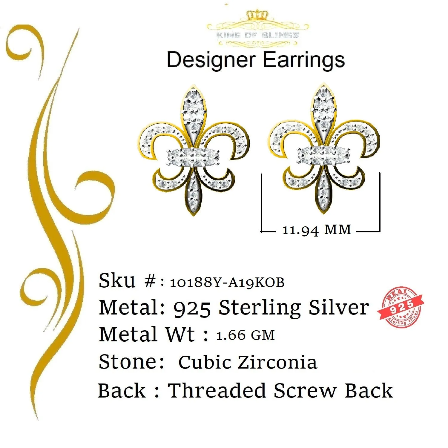 King of Bling's Fleur de Lis Yellow 925 Silver Screw Back 0.62ct Cubic Zirconia Women Earrings