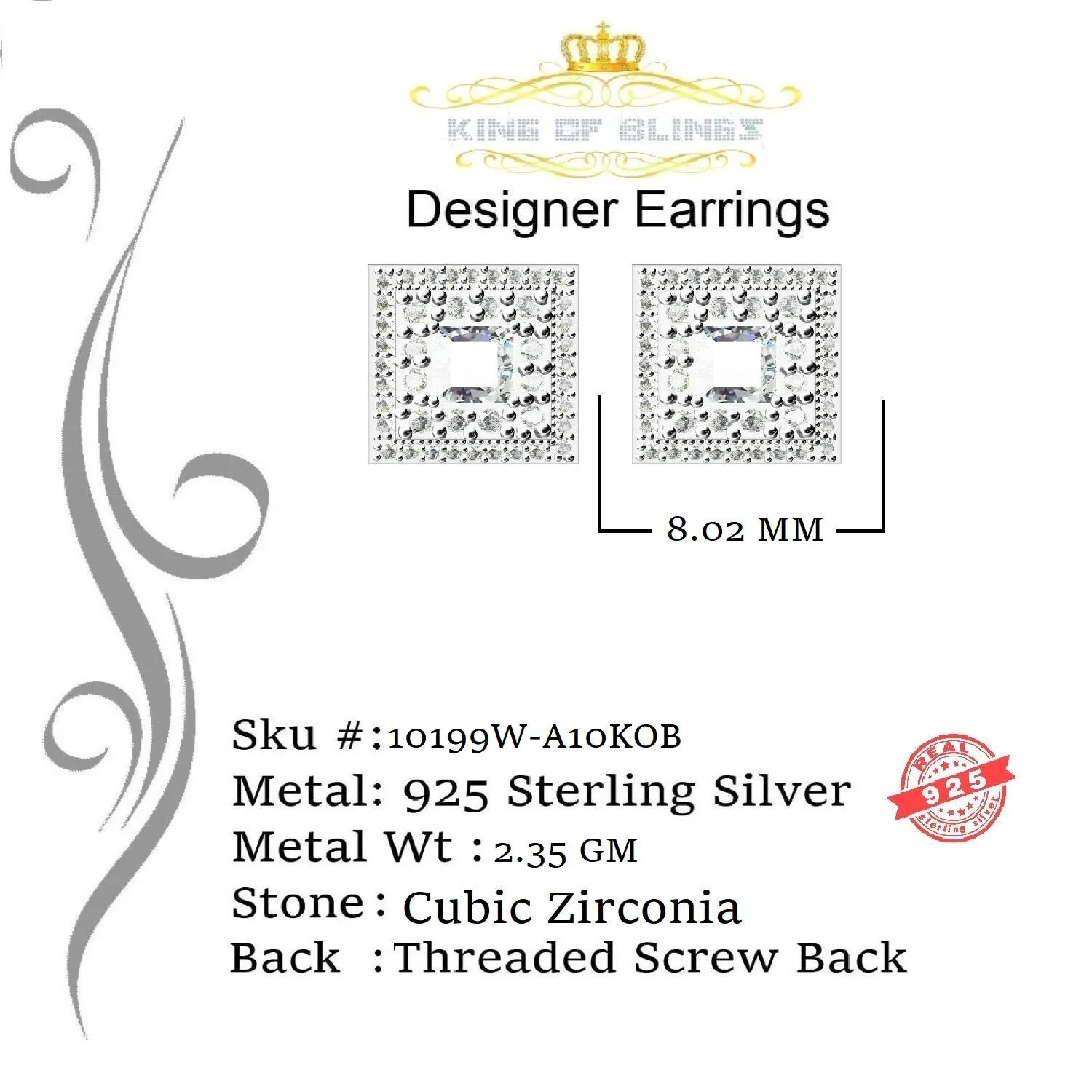 King of Blings- Hip Hop 925 White Silver 1.12ct Cubic Zirconia Women's & Men's Square Earrings