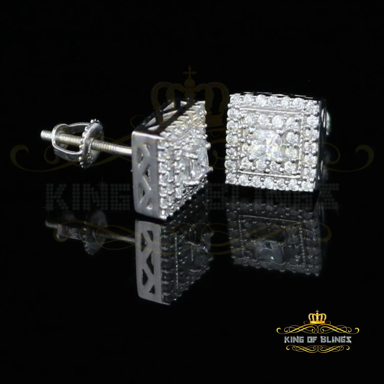 King of Blings- Hip Hop 925 White Silver 1.12ct Cubic Zirconia Women's & Men's Square Earrings