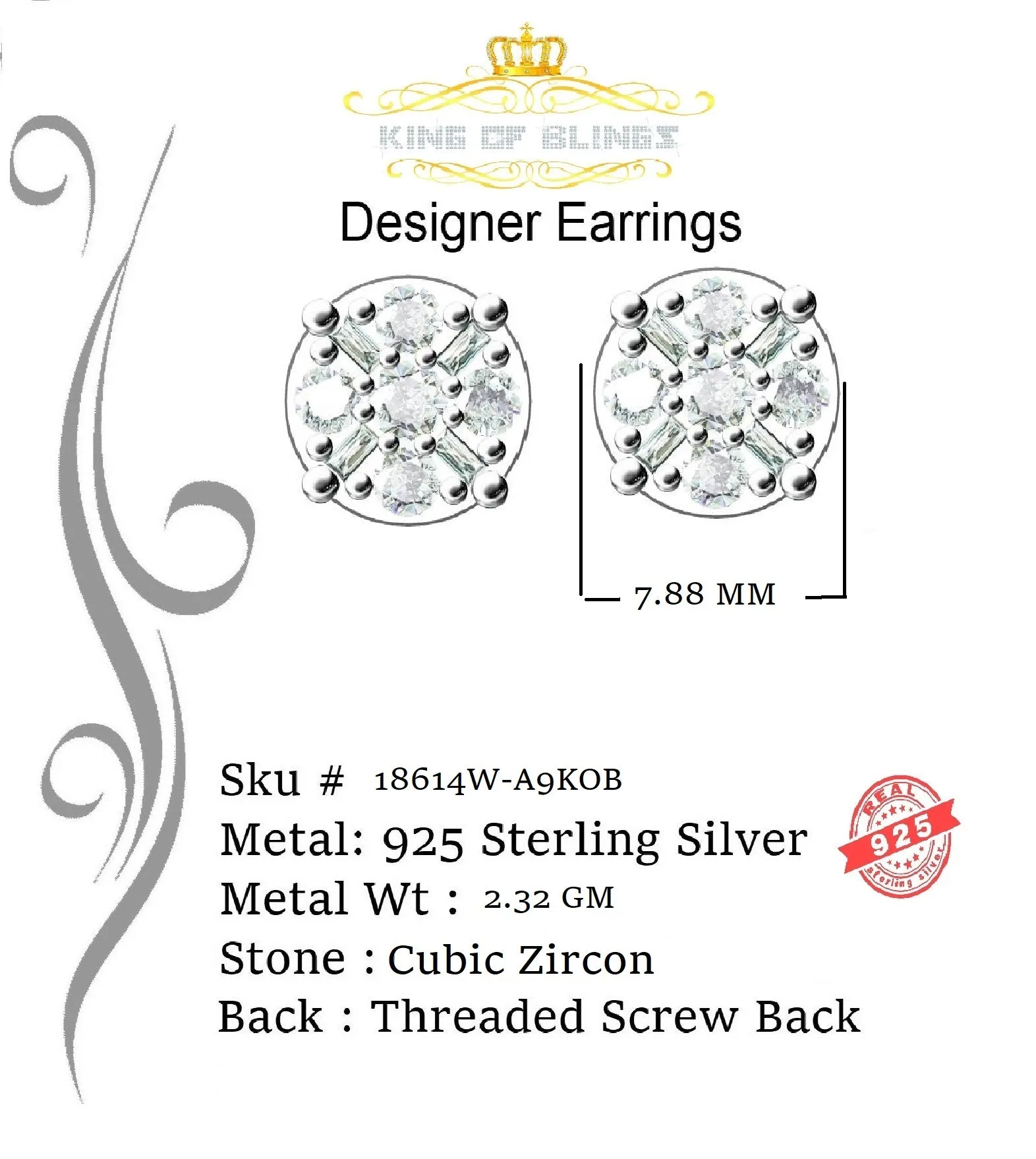 King of Blings- White 925 Sterling Silver 1.96ct Cubic Zirconia for Ladies Hip Hop Round Earring