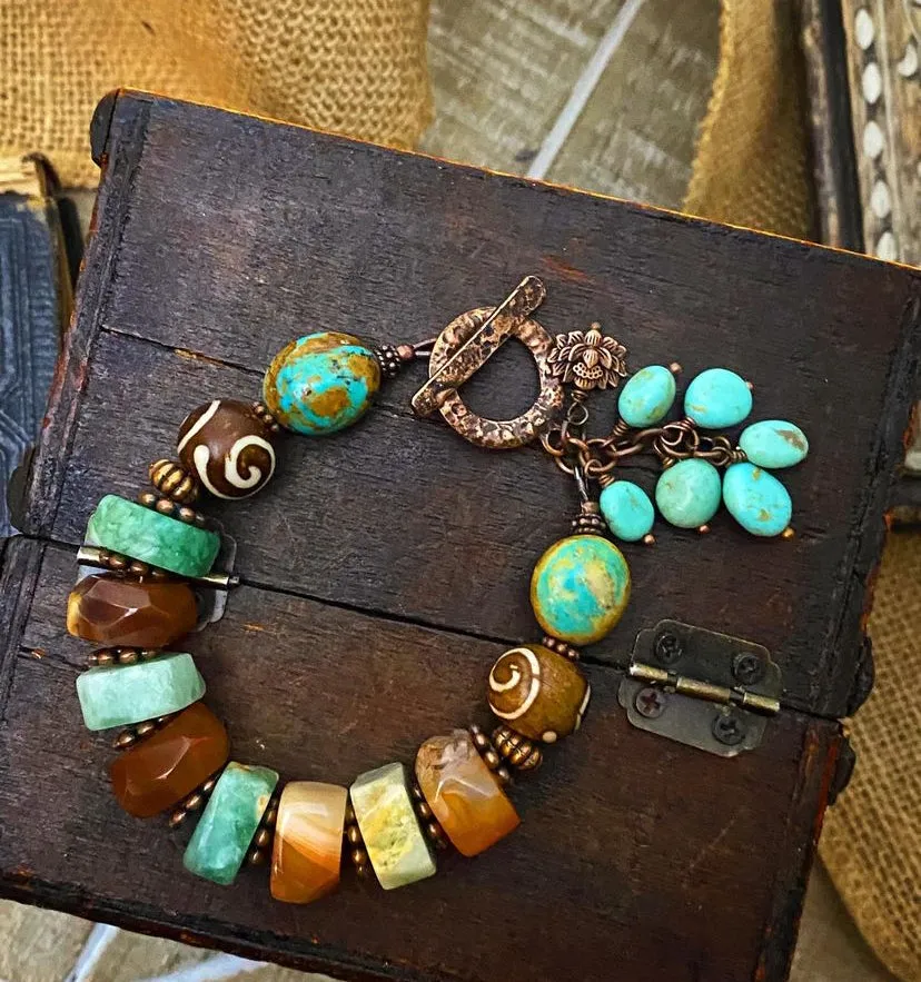 Kingman turquoise, chrysoprase, orange carnelian agate, copper metal, chunky bracelet