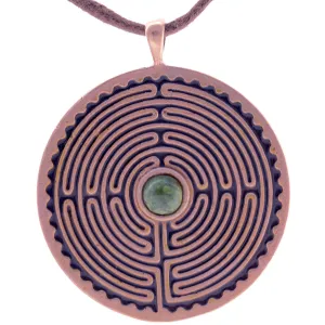 Labyrinth Peace Bronze Pendant Necklace w/ 6mm Swiss Green Opal Gemstone on Adjustable Natural Fiber Cord (Wholesale)