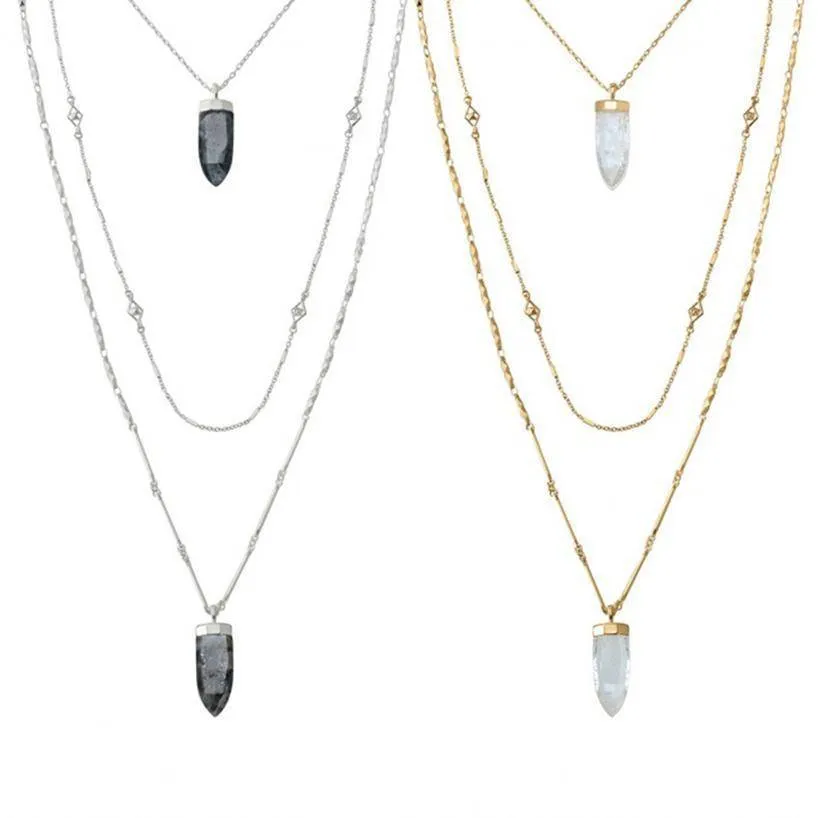 Layered Crackled Quartz Stones Dot Pendant Necklace Gold