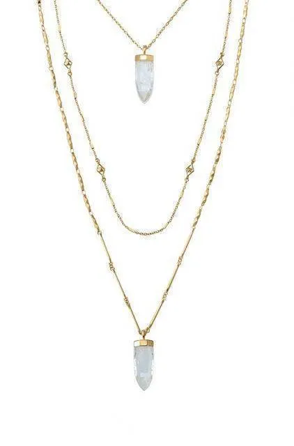 Layered Crackled Quartz Stones Dot Pendant Necklace Gold