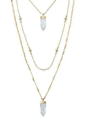 Layered Crackled Quartz Stones Dot Pendant Necklace Gold