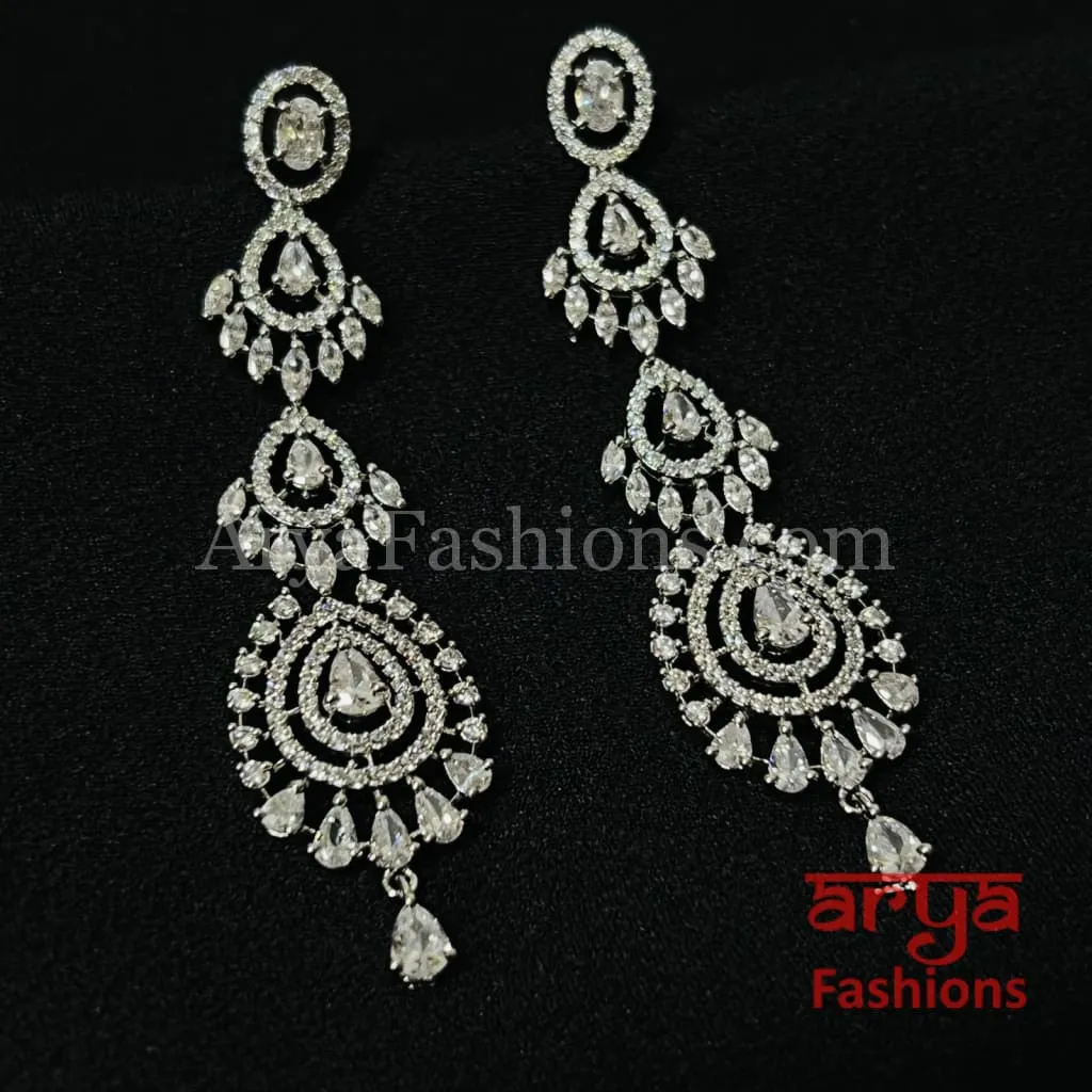 Long CZ Cocktail Chandbali Earrings/ Silver Cubic Zirconia Chandbali