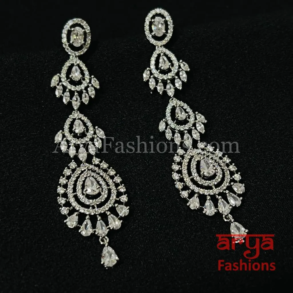 Long CZ Cocktail Chandbali Earrings/ Silver Cubic Zirconia Chandbali