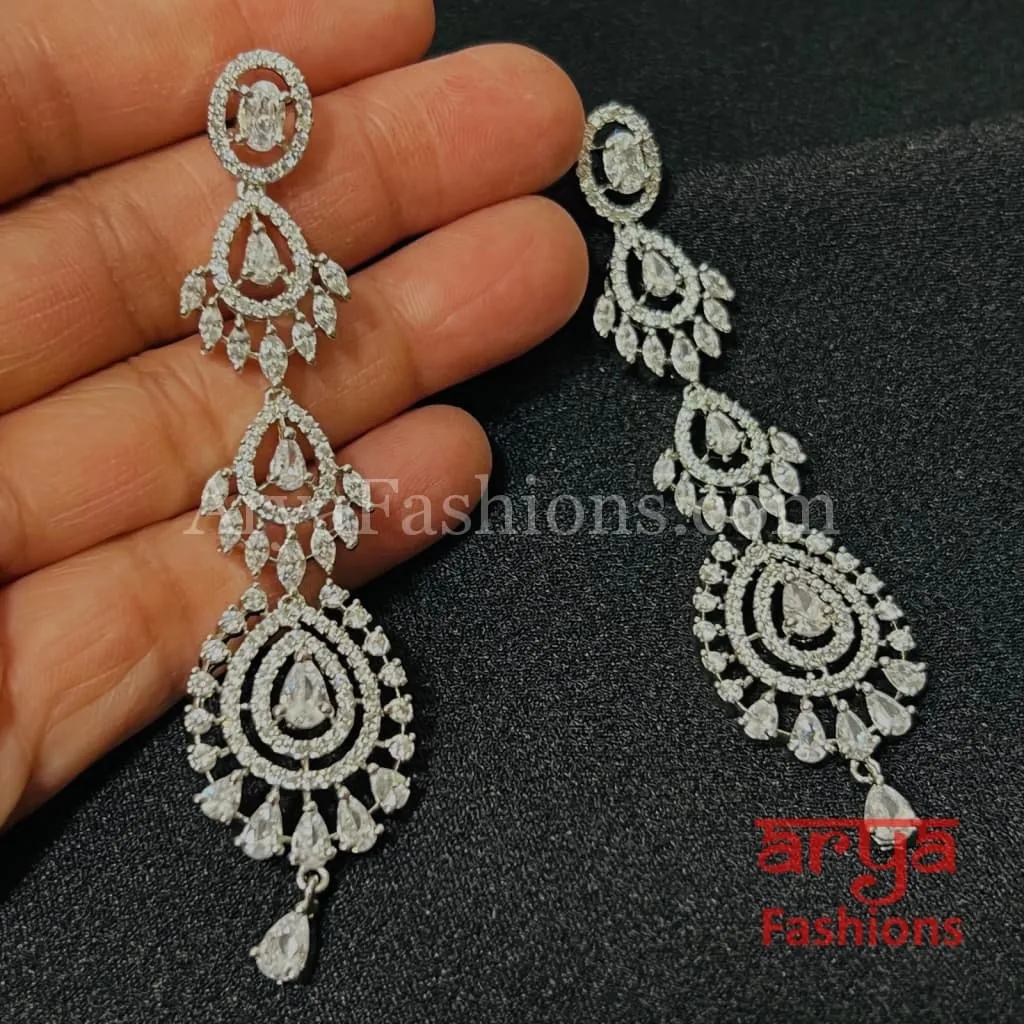 Long CZ Cocktail Chandbali Earrings/ Silver Cubic Zirconia Chandbali