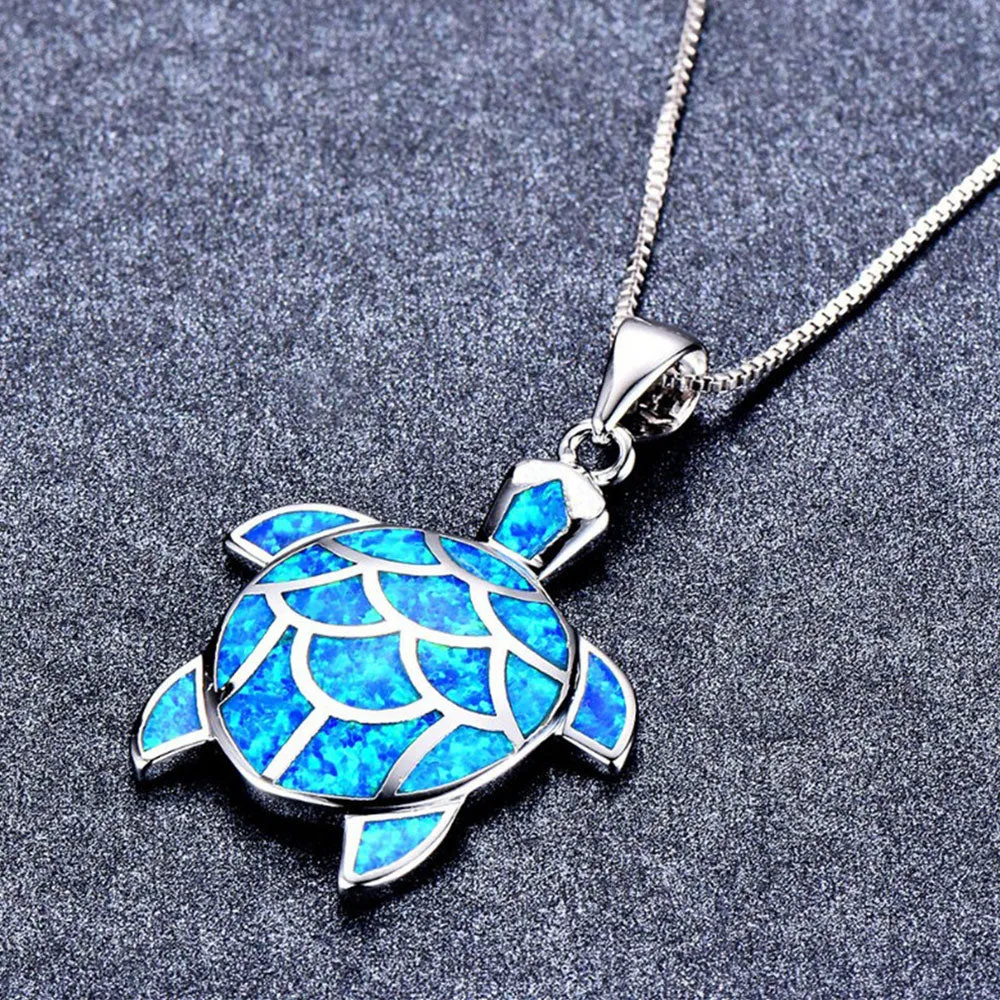 Luxurious Opal Silver Turtle Necklace