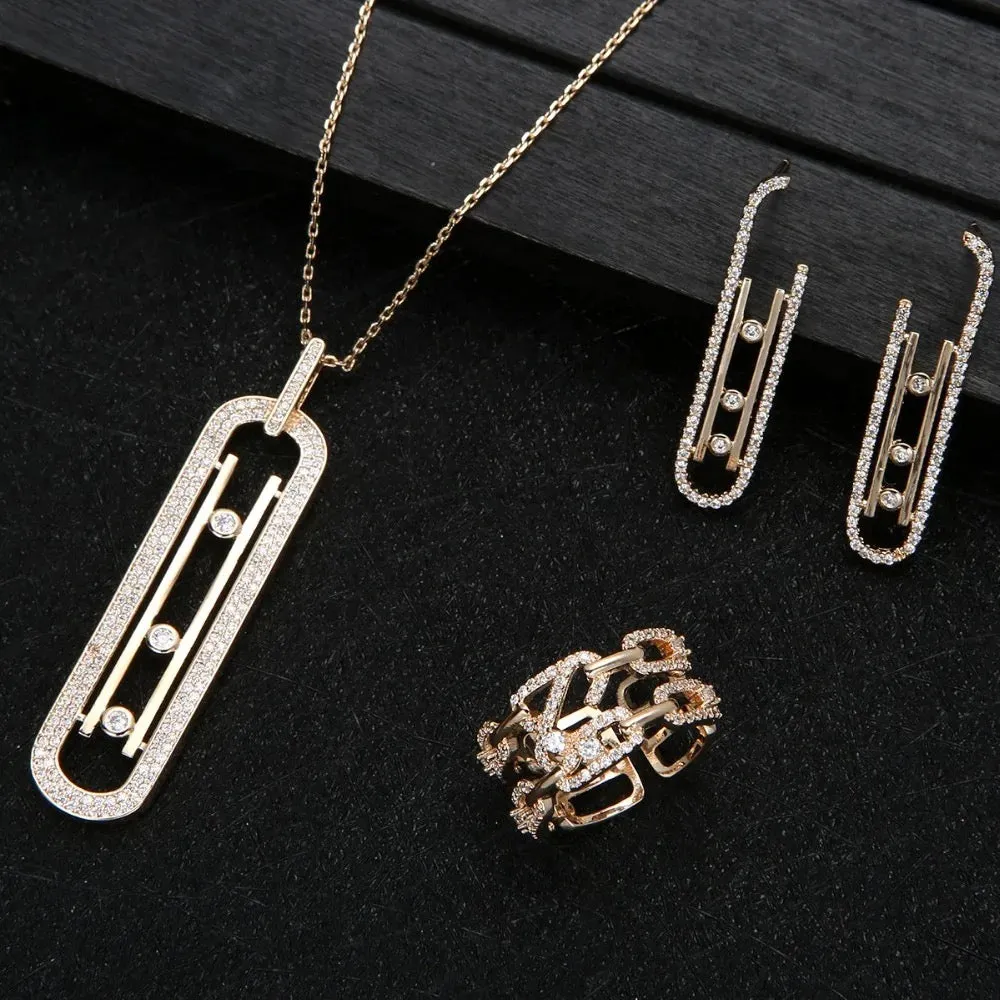 Luxury Geometry Link Stackable Pendant Necklace Earring ring set Beautiful Full Cubic Zircon Charm Women S4215865